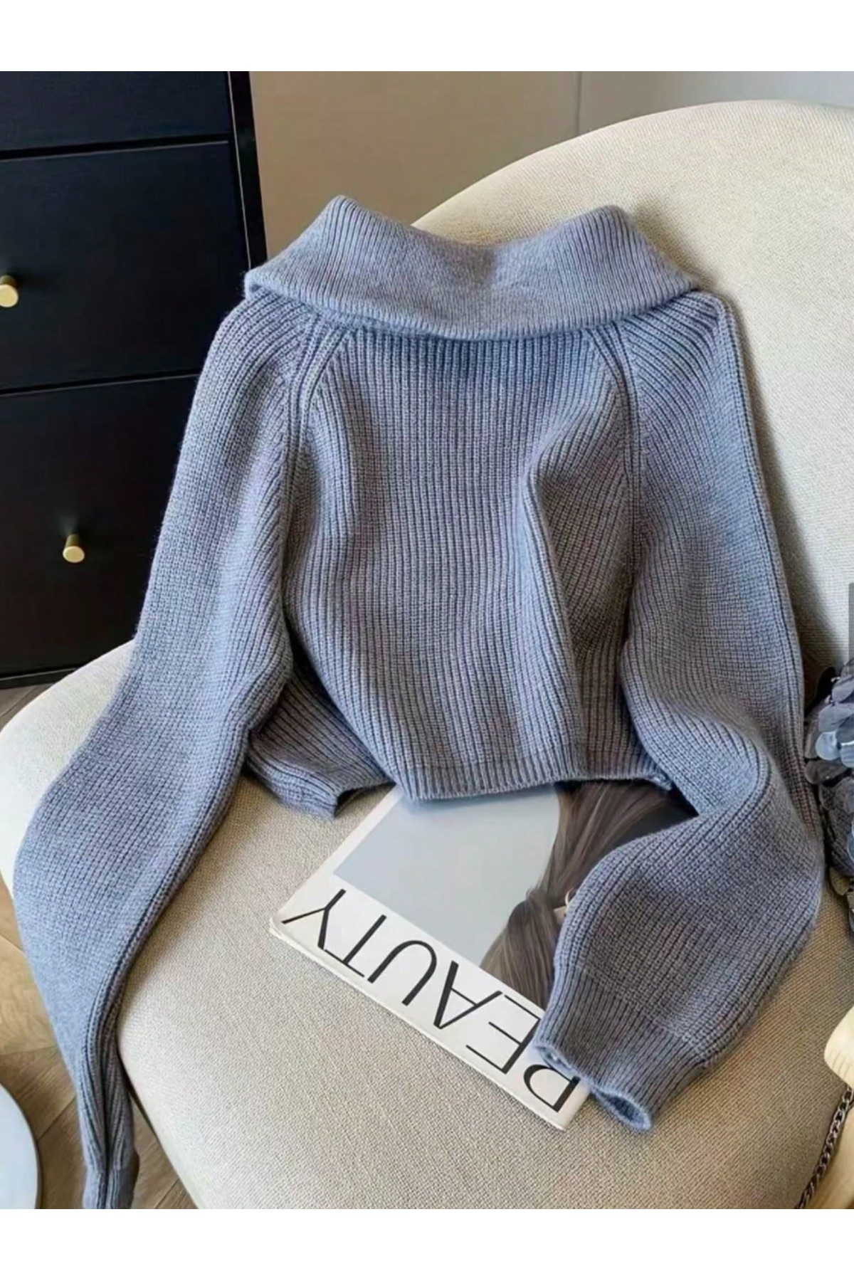 POİNE Kadın Devrik Yaka Oversize Selanik Örgü Fermuarlı Triko Kazak görsel 4