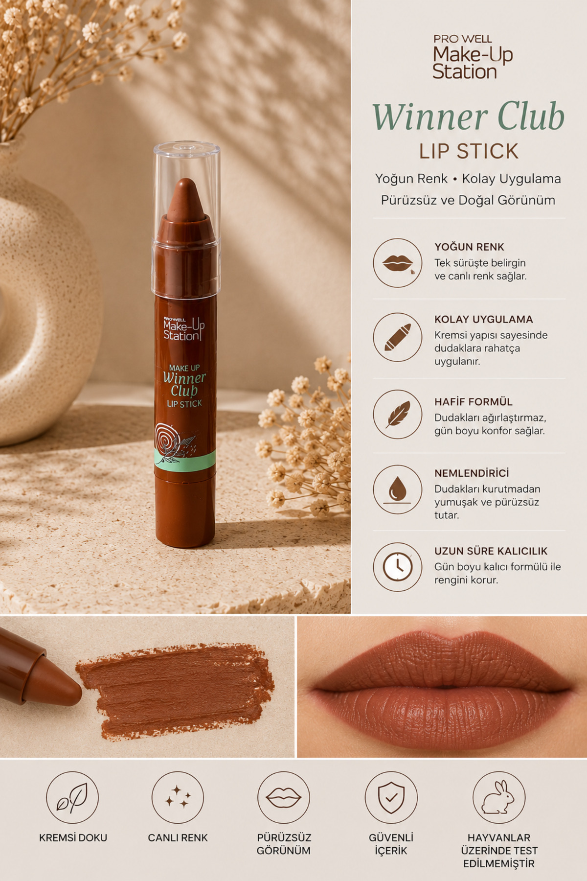 New Well Make Up Winner Club Lipstick Kahverengi Nude Ton Kalem Ruj Dudak Makyajı