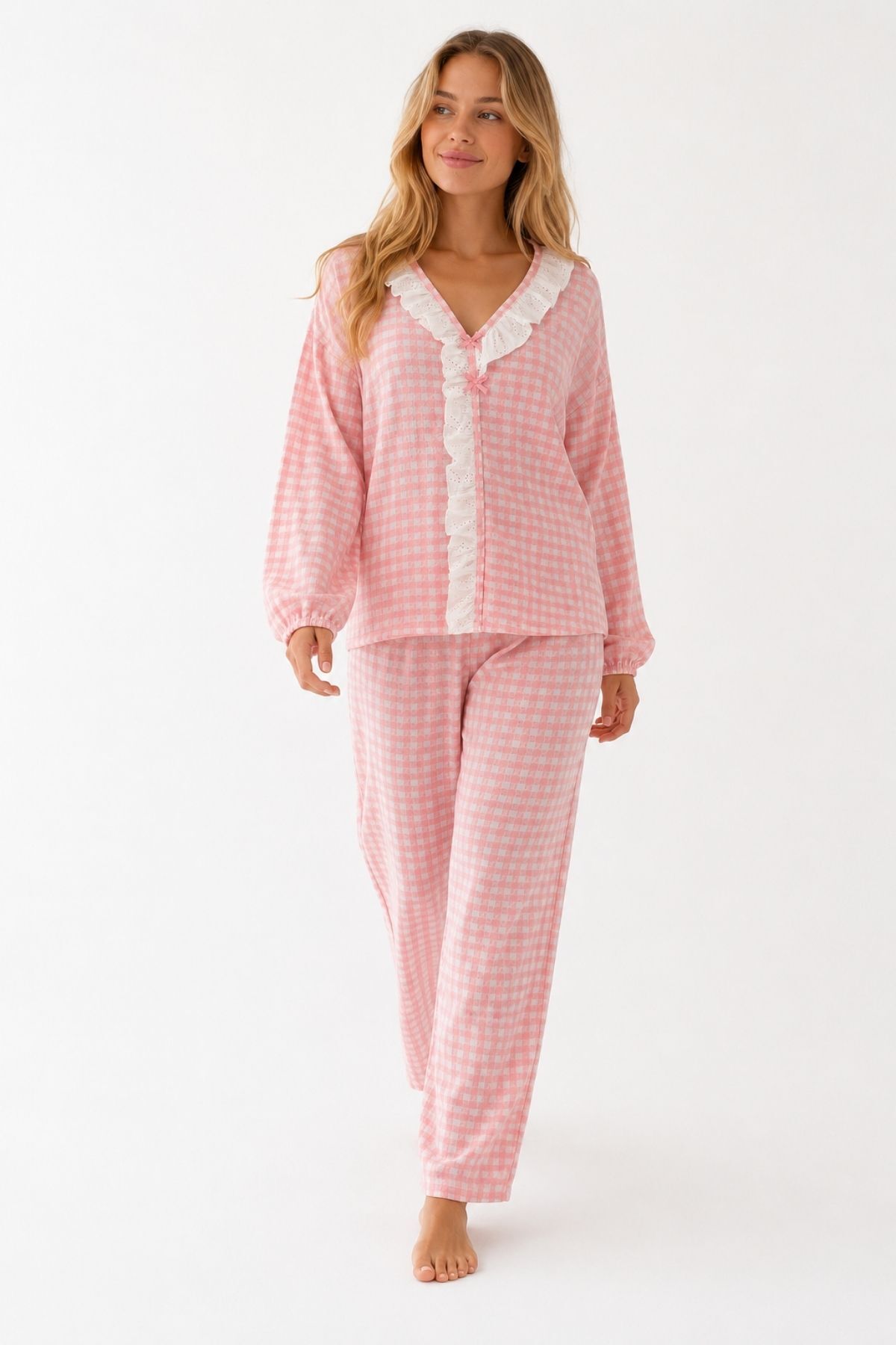BELLA NOTTE Pembe Beyaz Pötikare Fisto Fırfır Detaylı Uzun Kollu Pijama Takımı görsel 2
