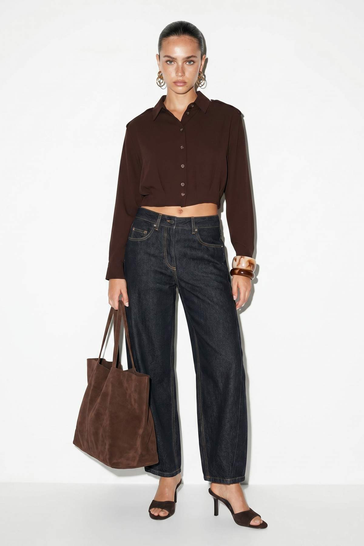 Drop by Trendyolmilla Kahverengi Apoletli Beli Lastikli Crop Gömlek TDRSS26GO00074
