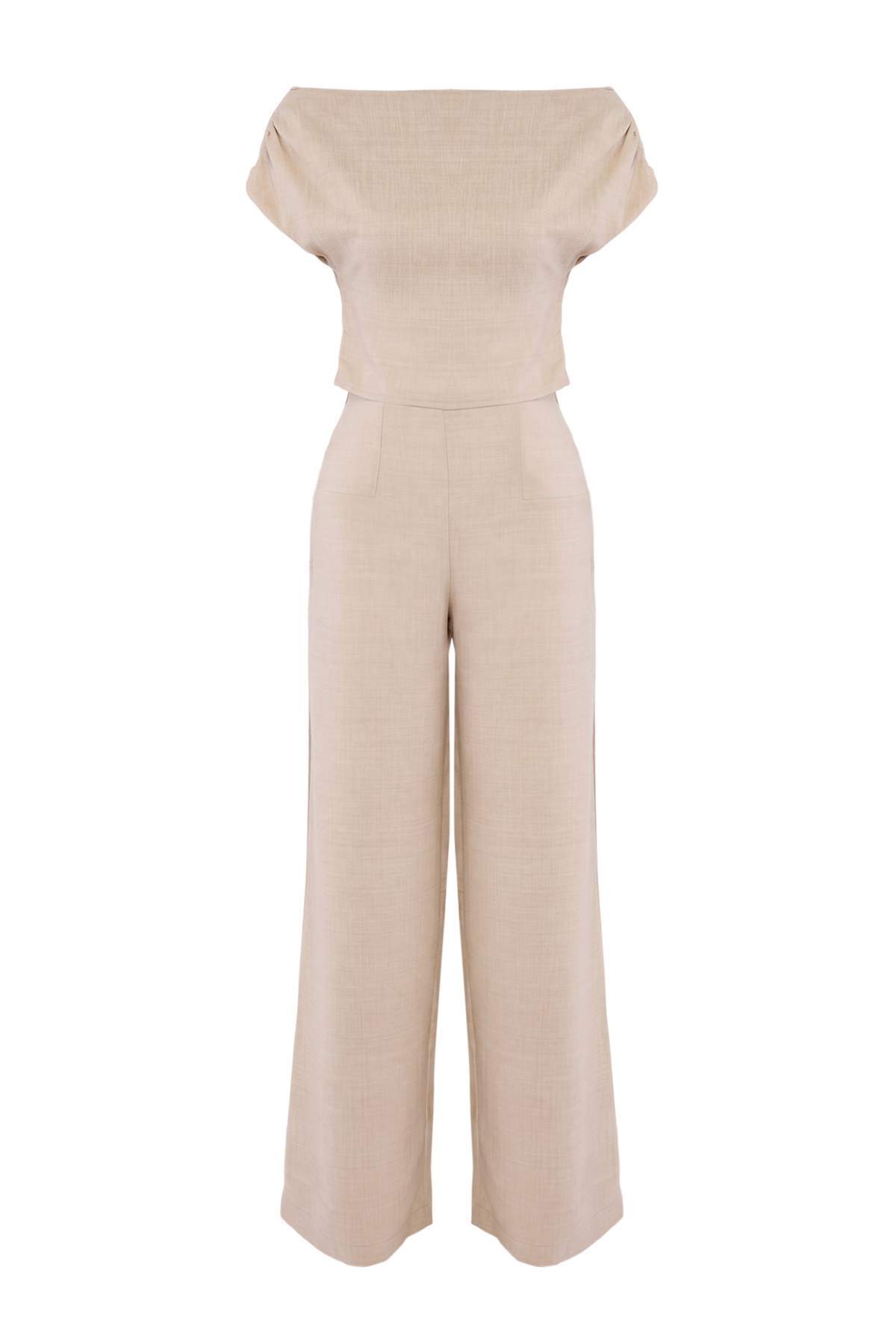Trendyolmilla Bej Kayık Yaka Fitted Bluz Geniş Paça Pantolon Dokuma Alt - Üst Takım TWOSS26AU00293
