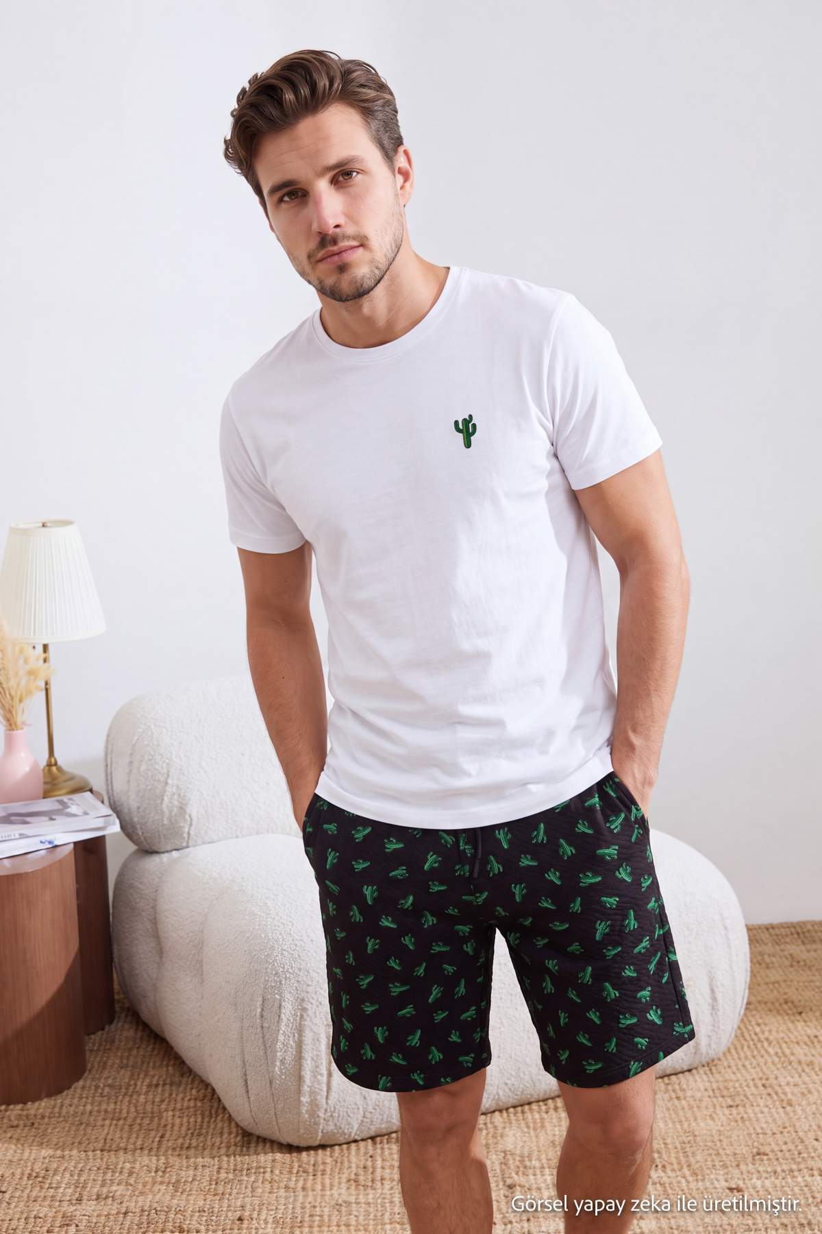 Trendyol Collection White-Black Regular Cut Cactus Printed Cotton Knitted Pajama Set Tmnss26Pt00057