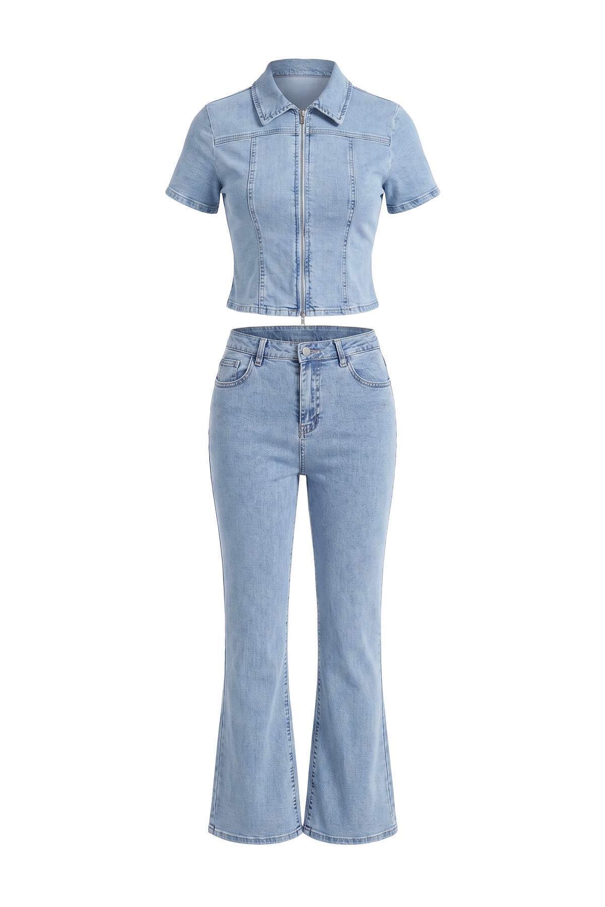 Trendyolmilla Wardrobe Essentials Açık Mavi Az Esnek Kısa Kollu Gömlek Jeans Denim Alt - Üst Takım TWOAW27AU00015