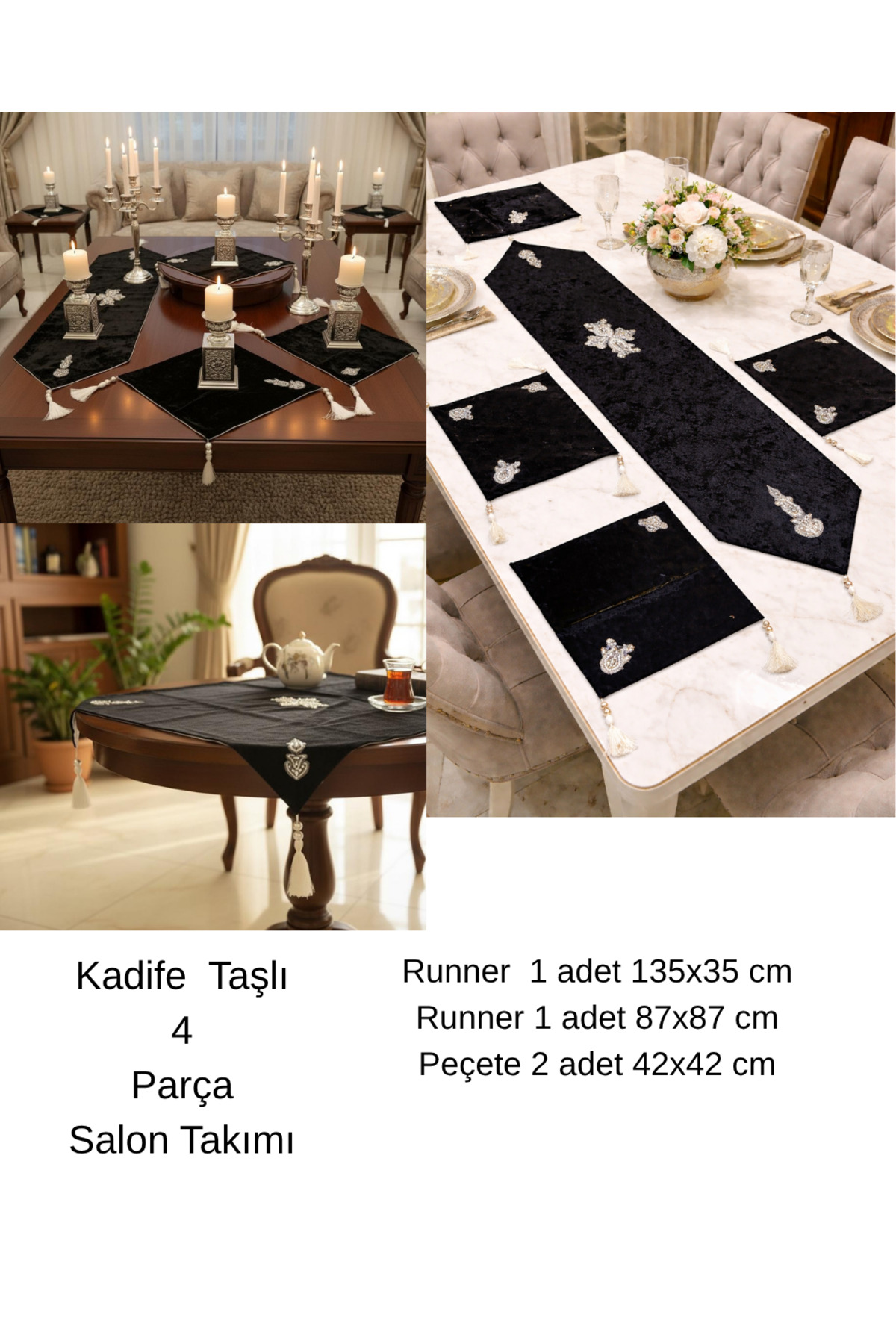 Living Room Set 4-Piece Table Top Runner Set Dowry Velvet Fabric Stylish Design