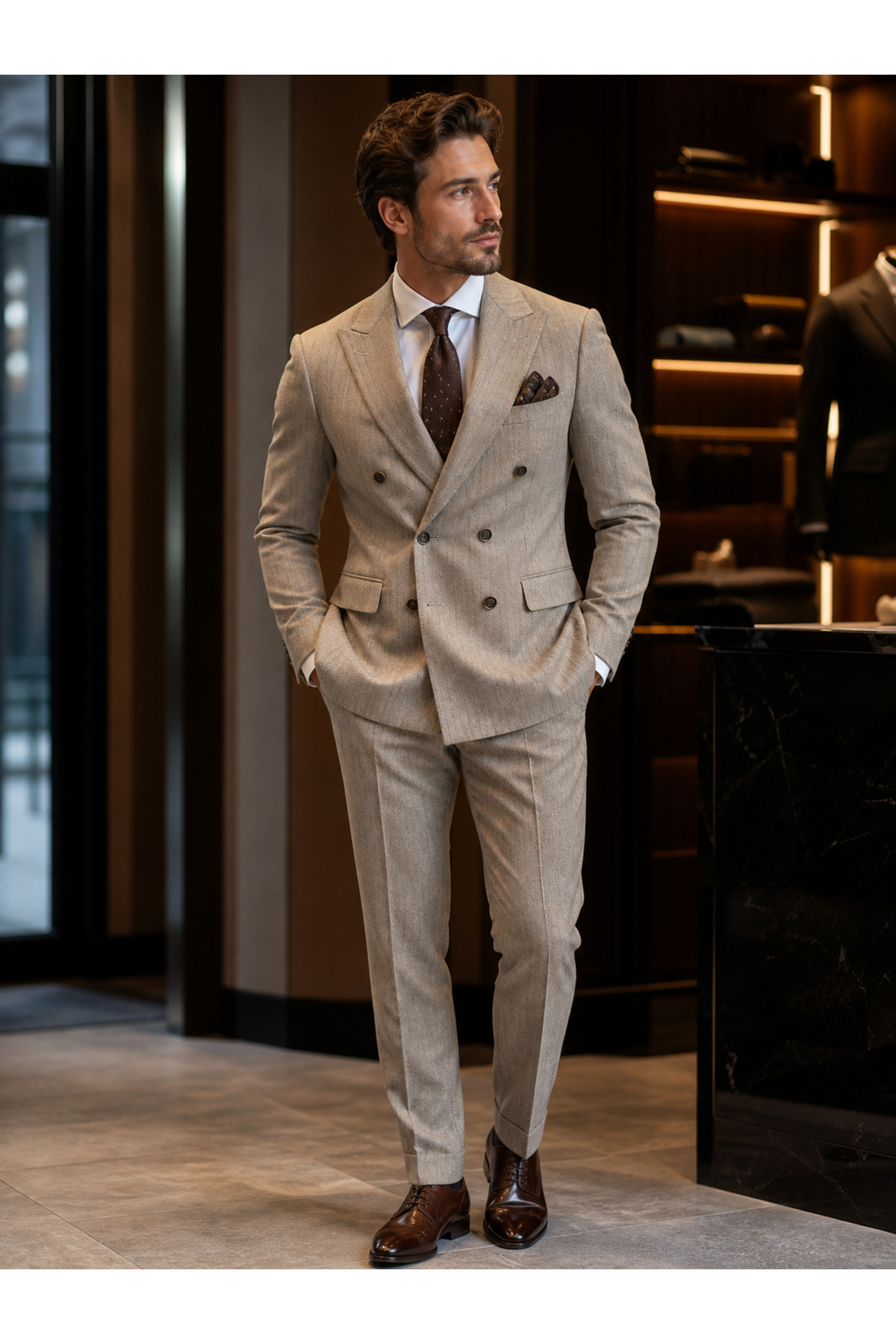 ŞIK ADAM Ekru(Kırık Beyaz) Kruvaze Çizgili Slim Fit Erkek Takım