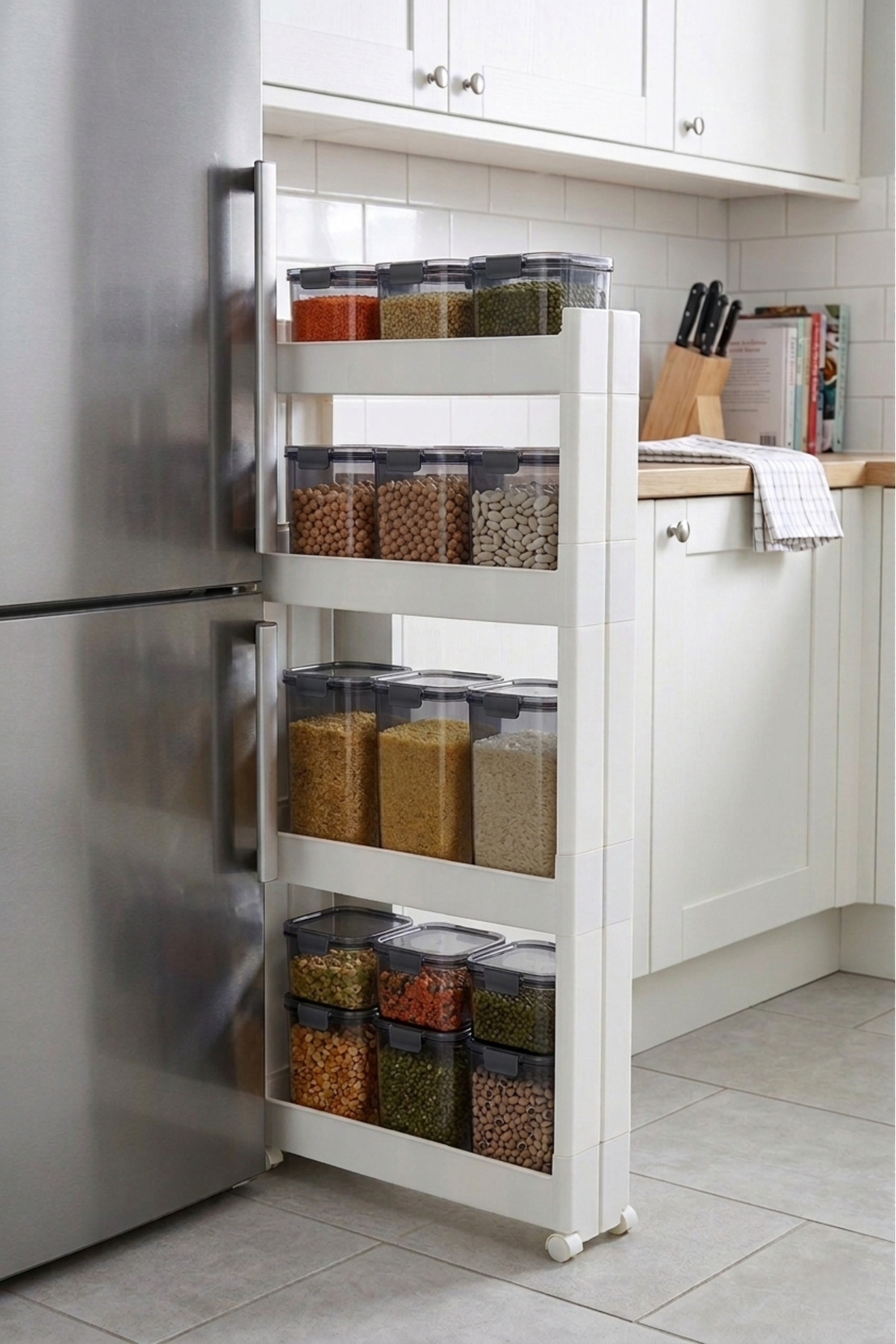 SLİM 4-TIER MULTI-PURPOSE ORGANİZER KITCHEN SHELF WITH WHEELS (WHITE)
