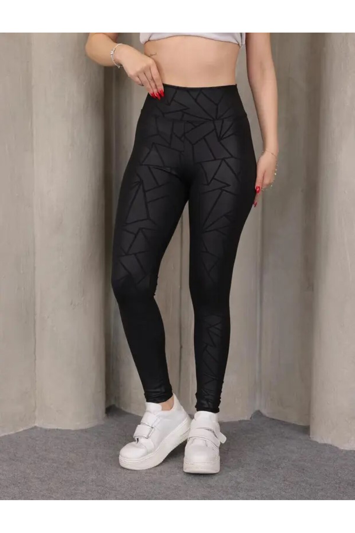 OsmanogluWear Siyah Kadın Geometrik Desenli Dalgıç Kumaş - Yüksel Bel - Toparlayıcı Tayt görsel 3