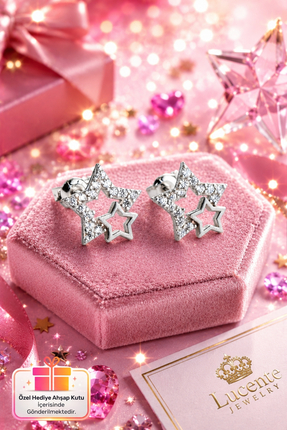 Lucente Jewellery Özel Tasarım Çift Yıldız Modeli 925 Ayar Gümüş Kaplama Rody...