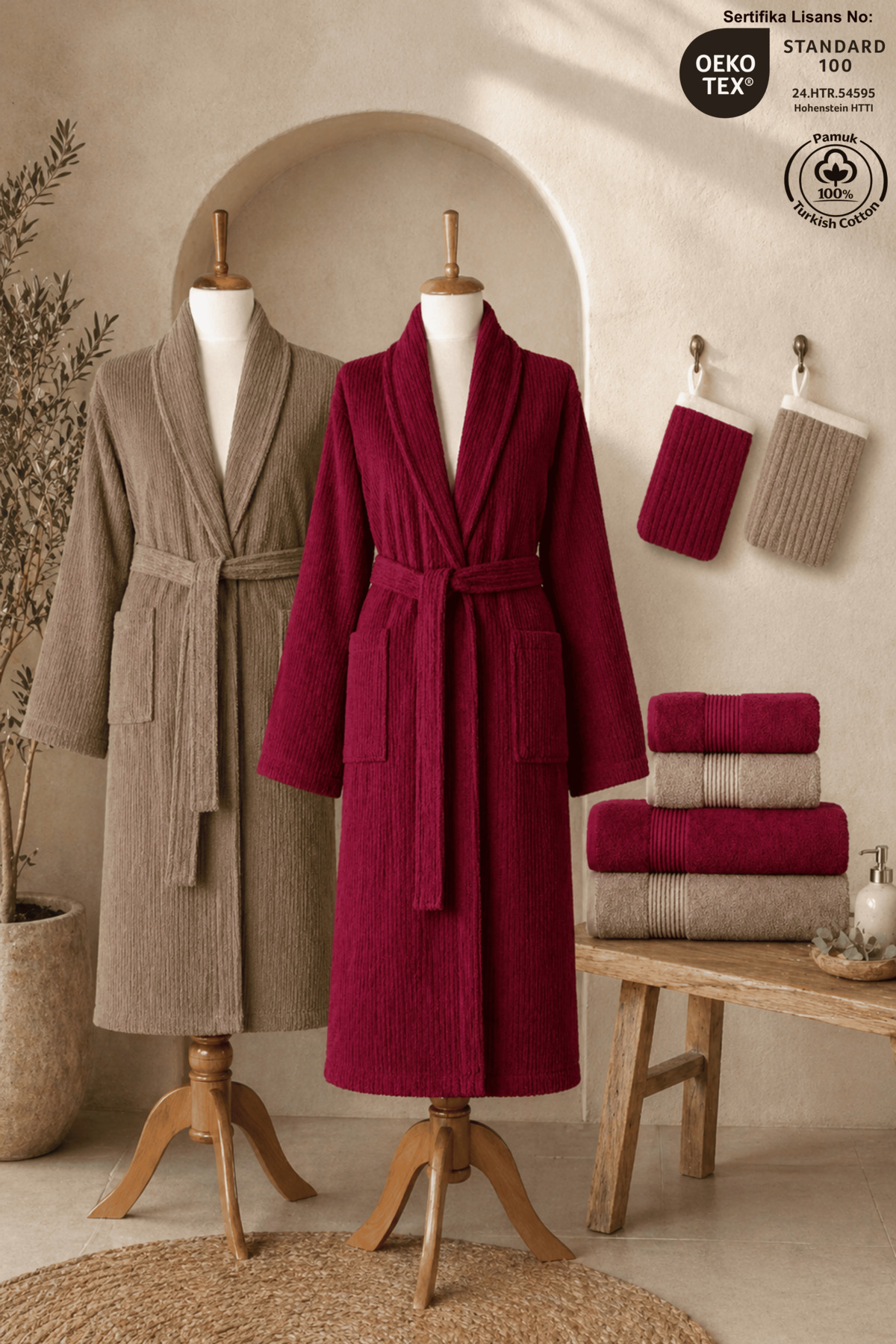 8-Piece Striped Bathrobe Family Set with Pouch 100% Cotton Certified Bathrobe Set Dowry Set - Burgundy Beige