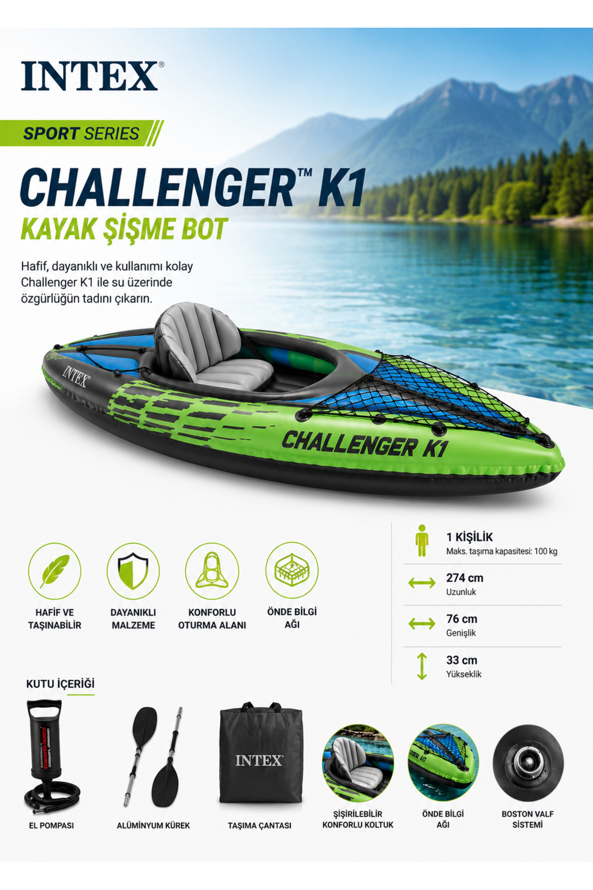 Intex Challenger K1 Tek Kişilik Şişme Kayak – Tek Kişilik