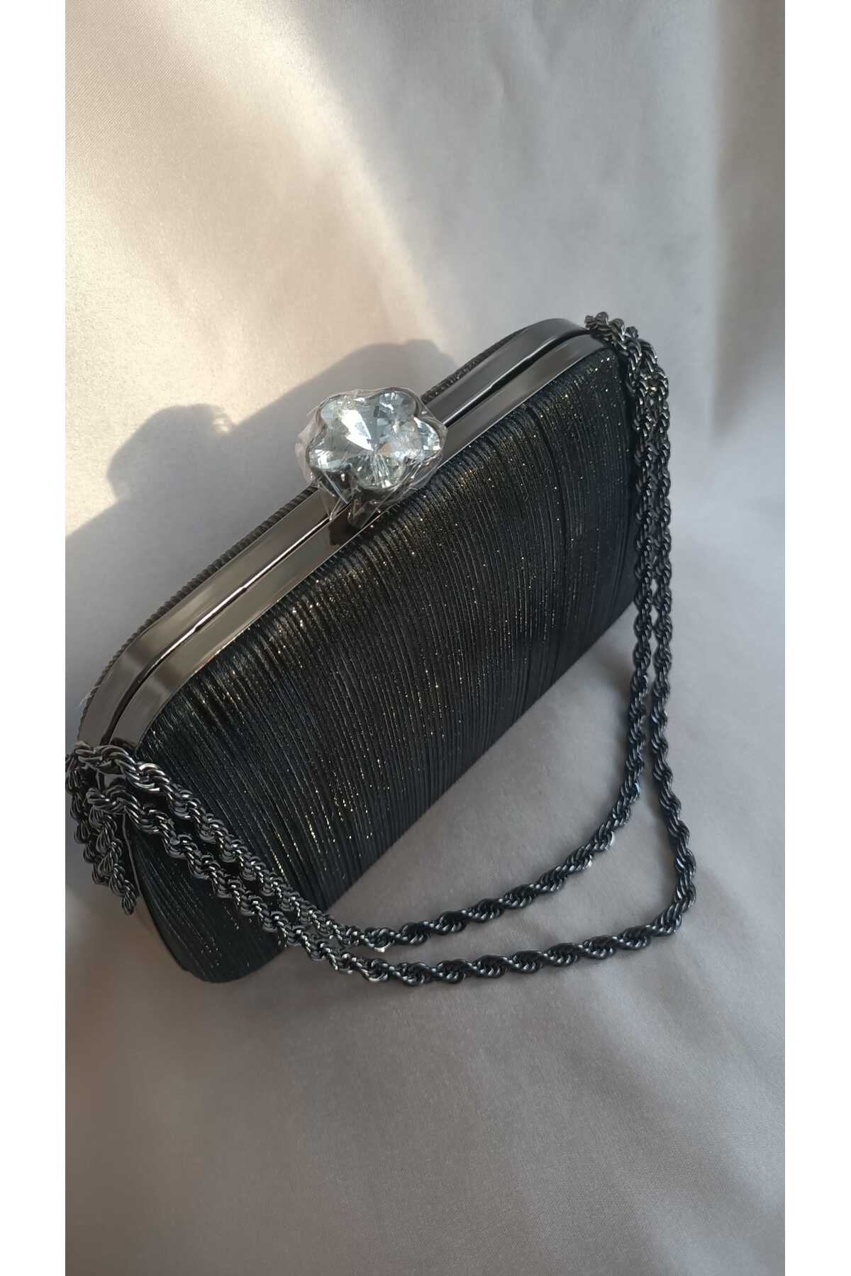 Gül Karatekin Kadın Siyah Sim Desenli Burgu Zincirli Portföy Özel Gün Düğün Nişan Clutch Abiye Çanta görsel 4