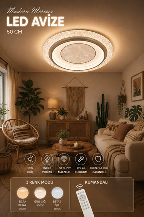 Elvora Home Modern (PREMİUM) Kumanlı 3 Renk Modlu LED Plafonyer Avize Yuvarla...