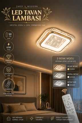 Elvora Home Kumandalı 3 Renk Modlu Kare LED Plafonyer Avizesi 50 cm 61 W Şık ...