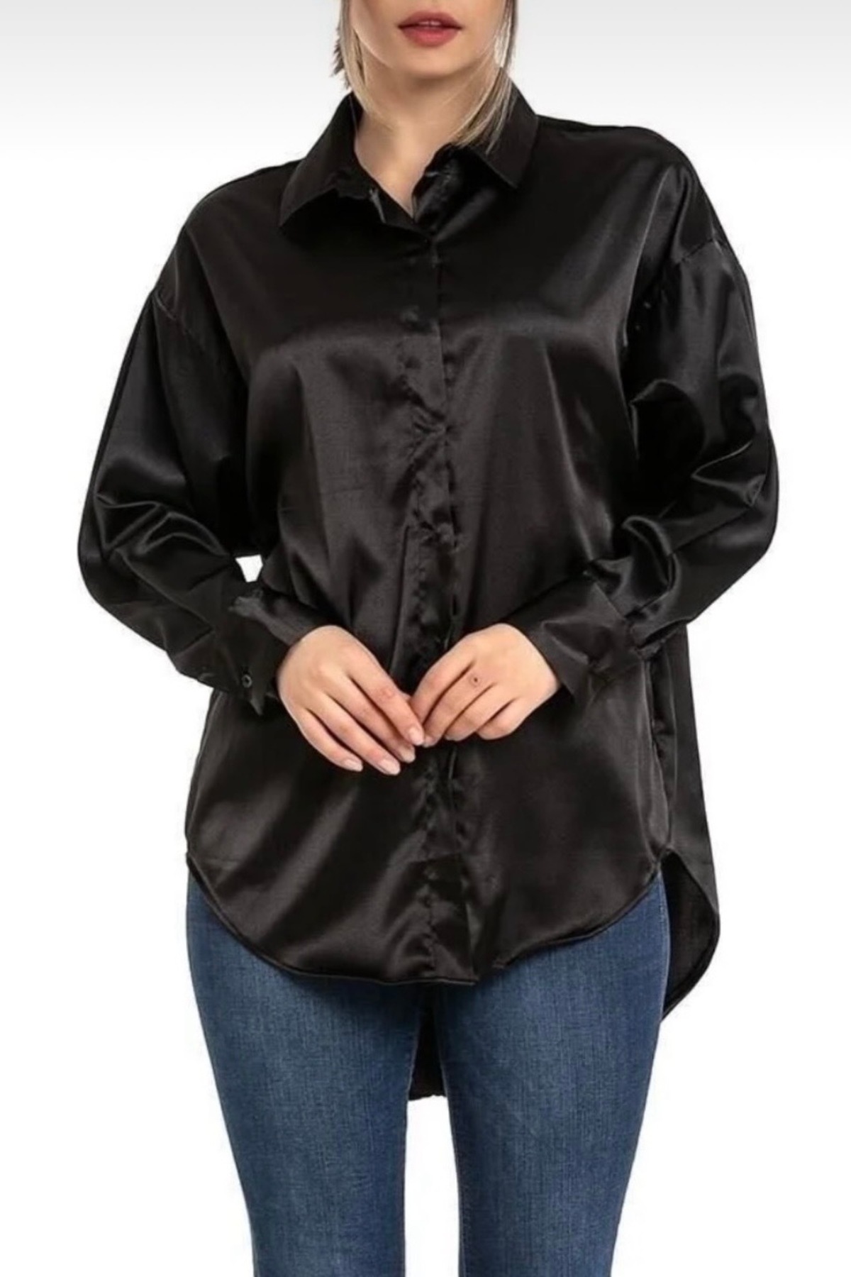 Chemise coupe loose en satin noir - EMMAS CLOTHING - Görsel 13