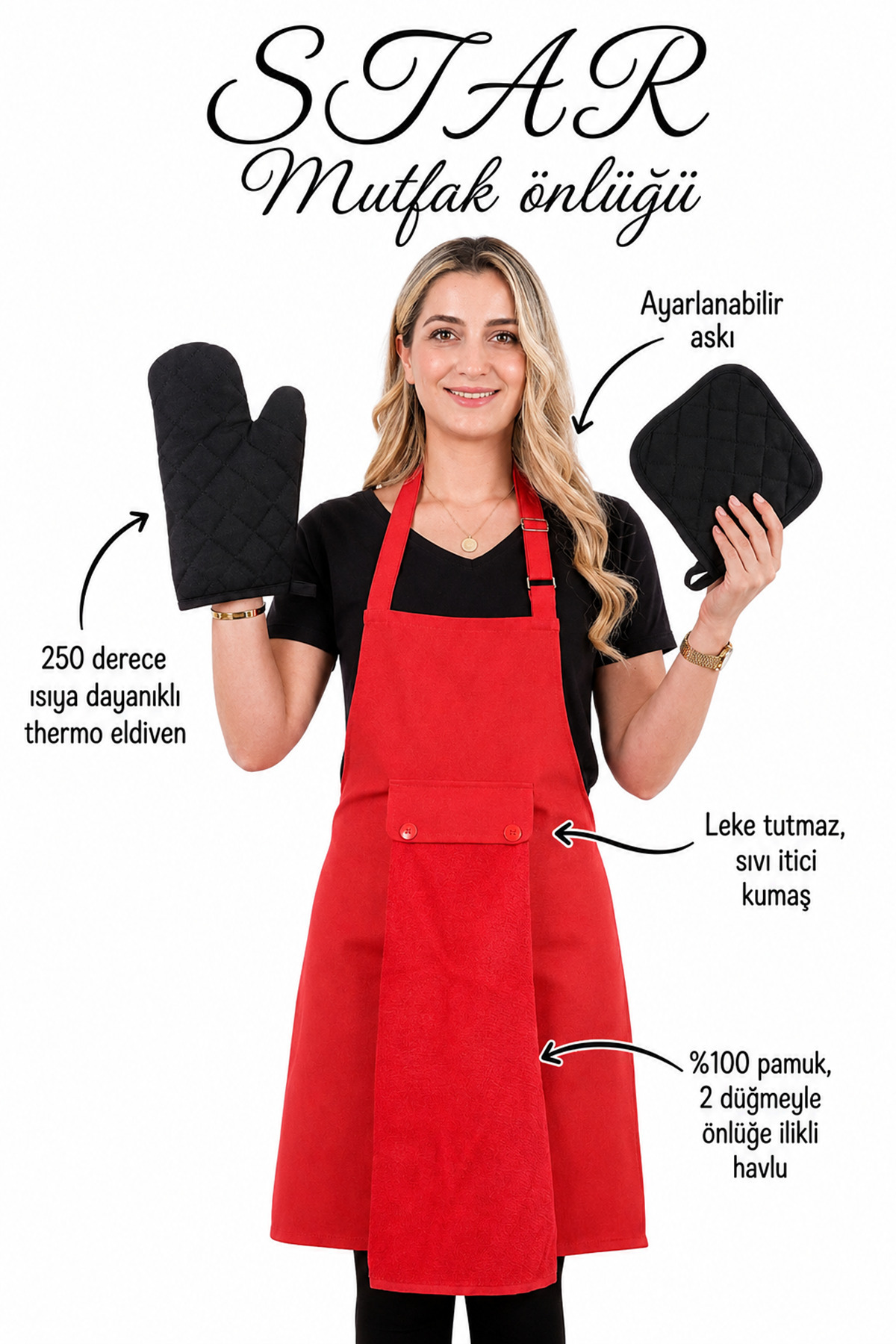 Star 4-Piece Set Adjustable Strap Kitchen Apron Set (GLOVE HOLDER)