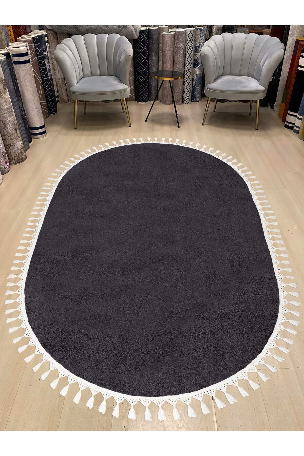 Oval Comfort Pompom Fringed Plush Rug Anthracite