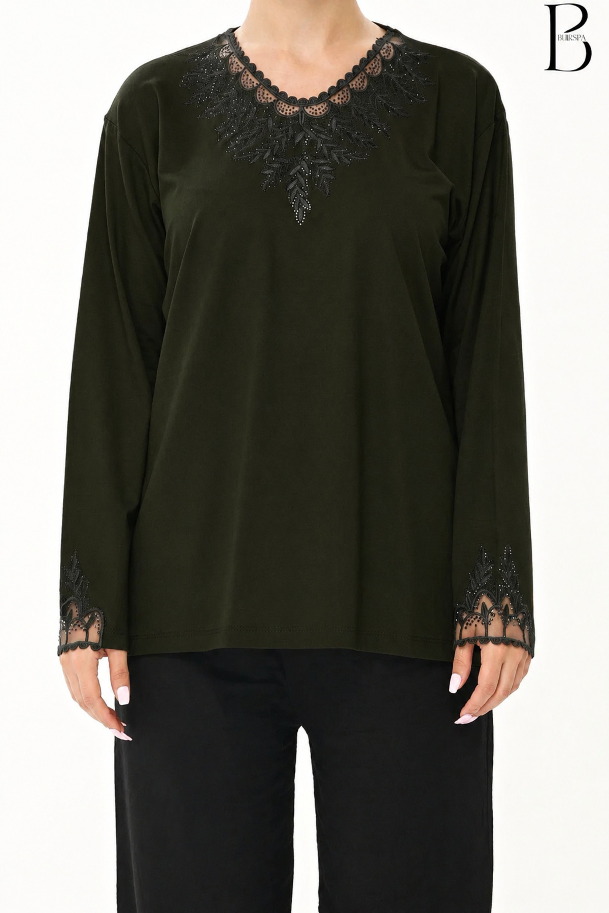 Neck And Sleeve Tulle Detailed Stone Embroidered Khaki Mother Combed Cotton Blouse