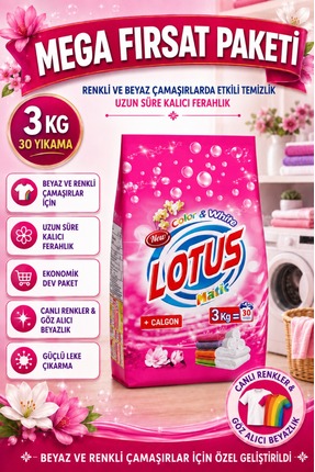 LOTUSMATİC 3 kg Toz Çamaşır Deterjanı – Beyazlar & Renkliler İçin Derin Temiz...