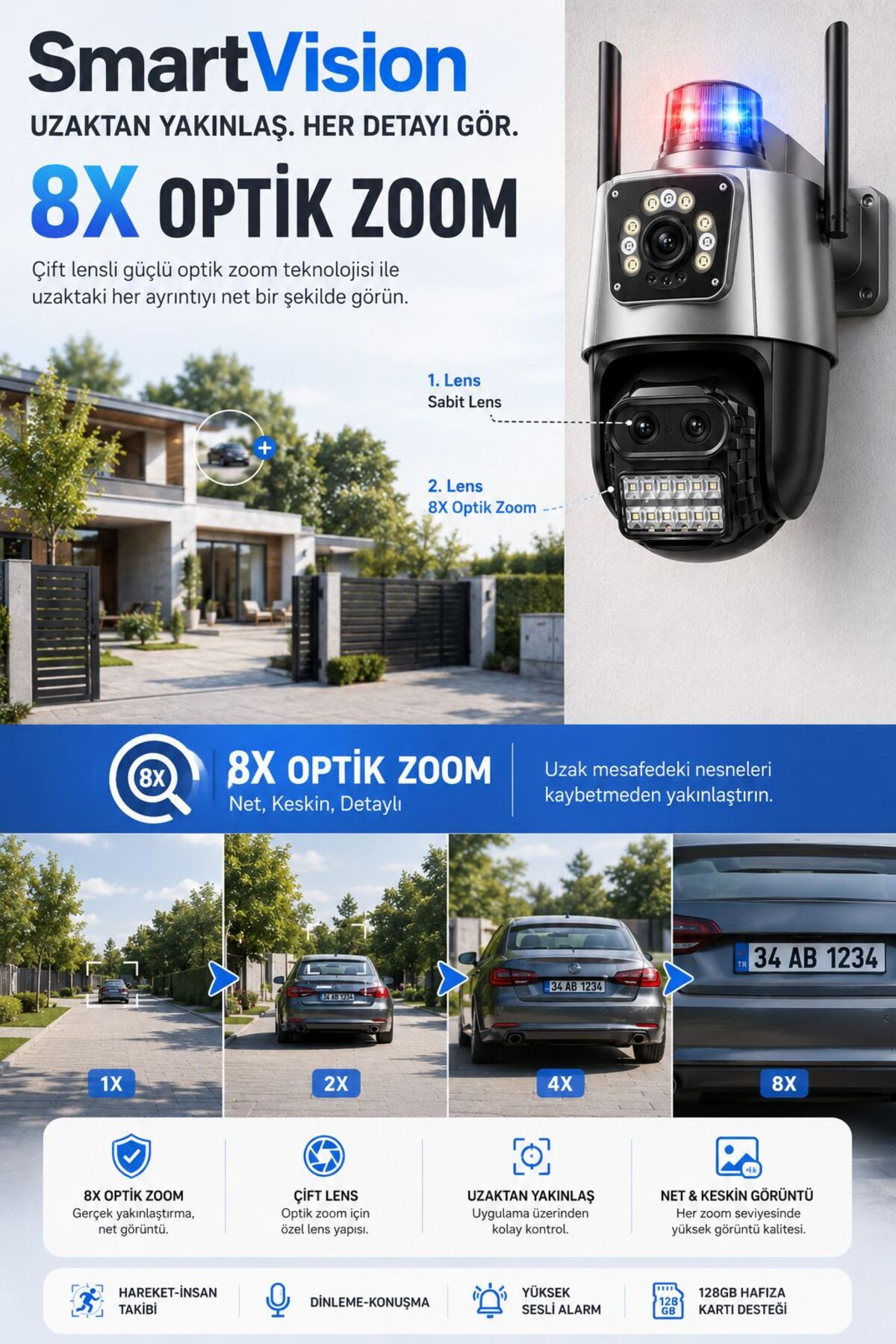 SmartVision Wifi Ptz Kamera 3 Kameralı 8x Zoomlu Akıllı Kamera Çakar Işıklı 4mp Uhd Hareket Algılama Takip