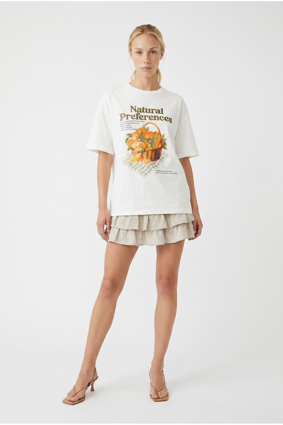 Quzu Orange Printed Embroidered Oversize T-Shirt Ecru