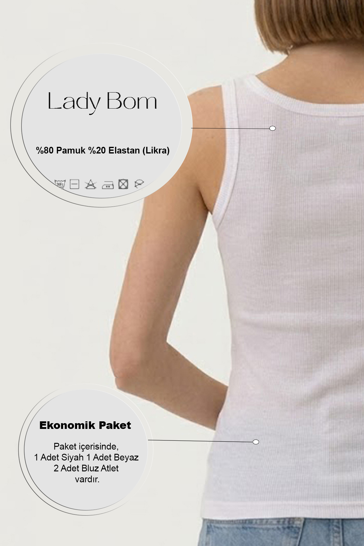 Lady Bom Kadın 2'li Set Premium Ribanalı Kaşkorse Atlet Siyah-Beyaz Basic Fitilli Pamuklu Esnek görsel 6