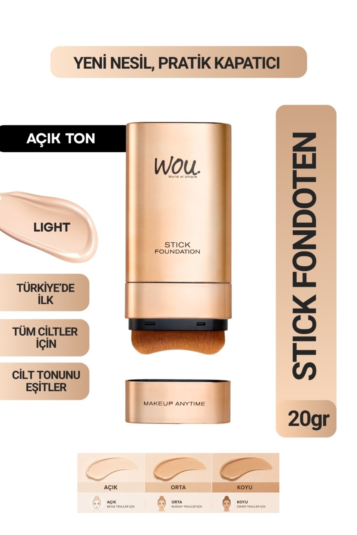 WOU World of Unique Stick Fondöten, Fırçalı Pratik Kapatıcı, 2 in 1, 20 gr, Açık Ton - Fiyatı, Yorumları