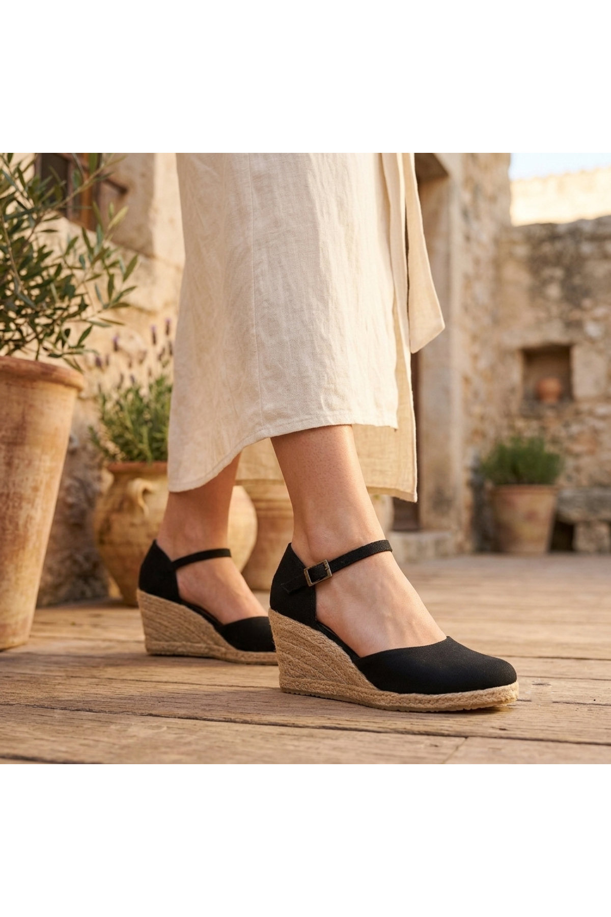 Real Craft Wrist Banded Heel Open Linen Espadrill Filling Heel Handmade