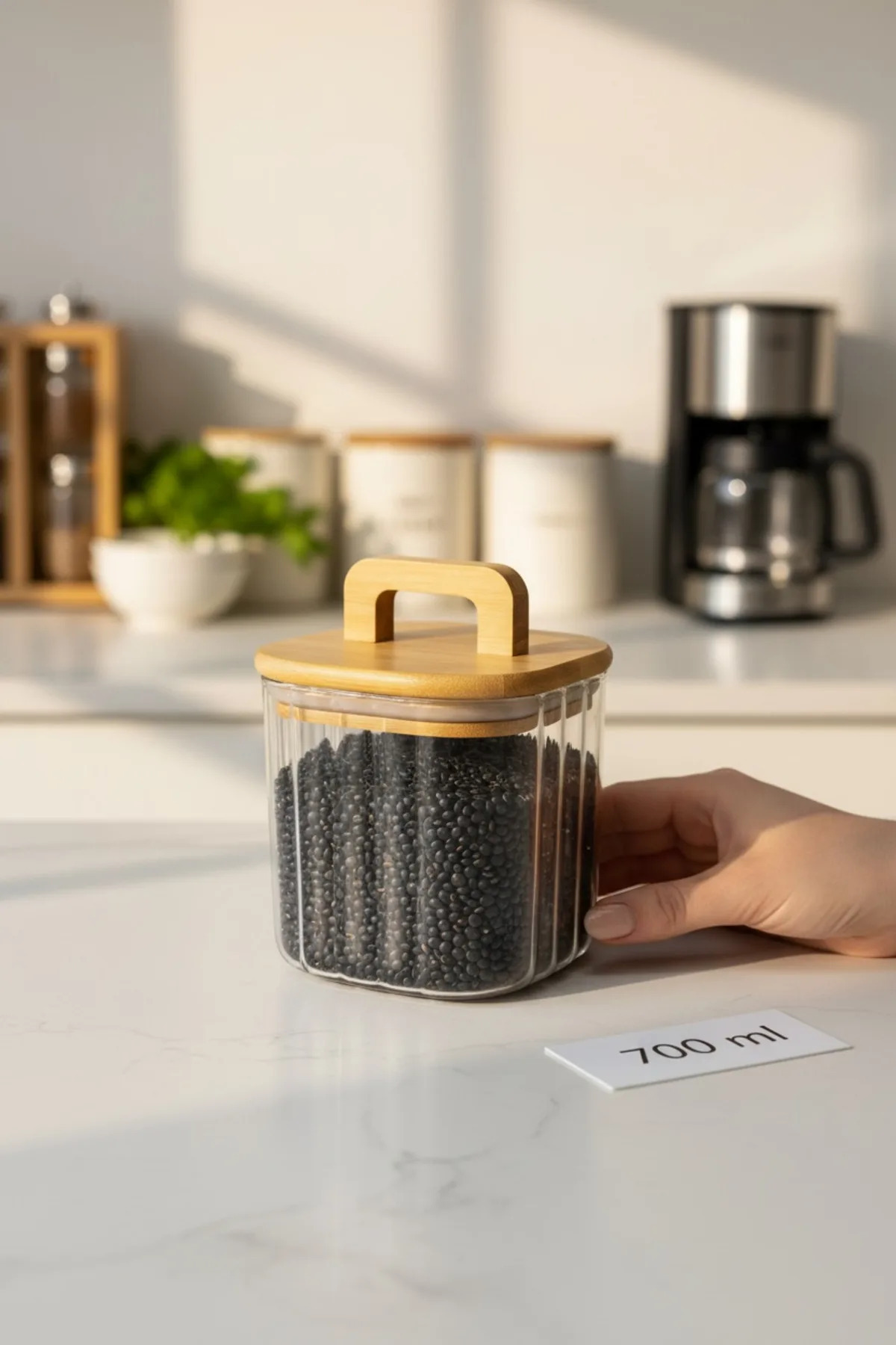 Bambu Kapaklı 700 ml Line (Çizgili) Cam Saklama Kavanozu