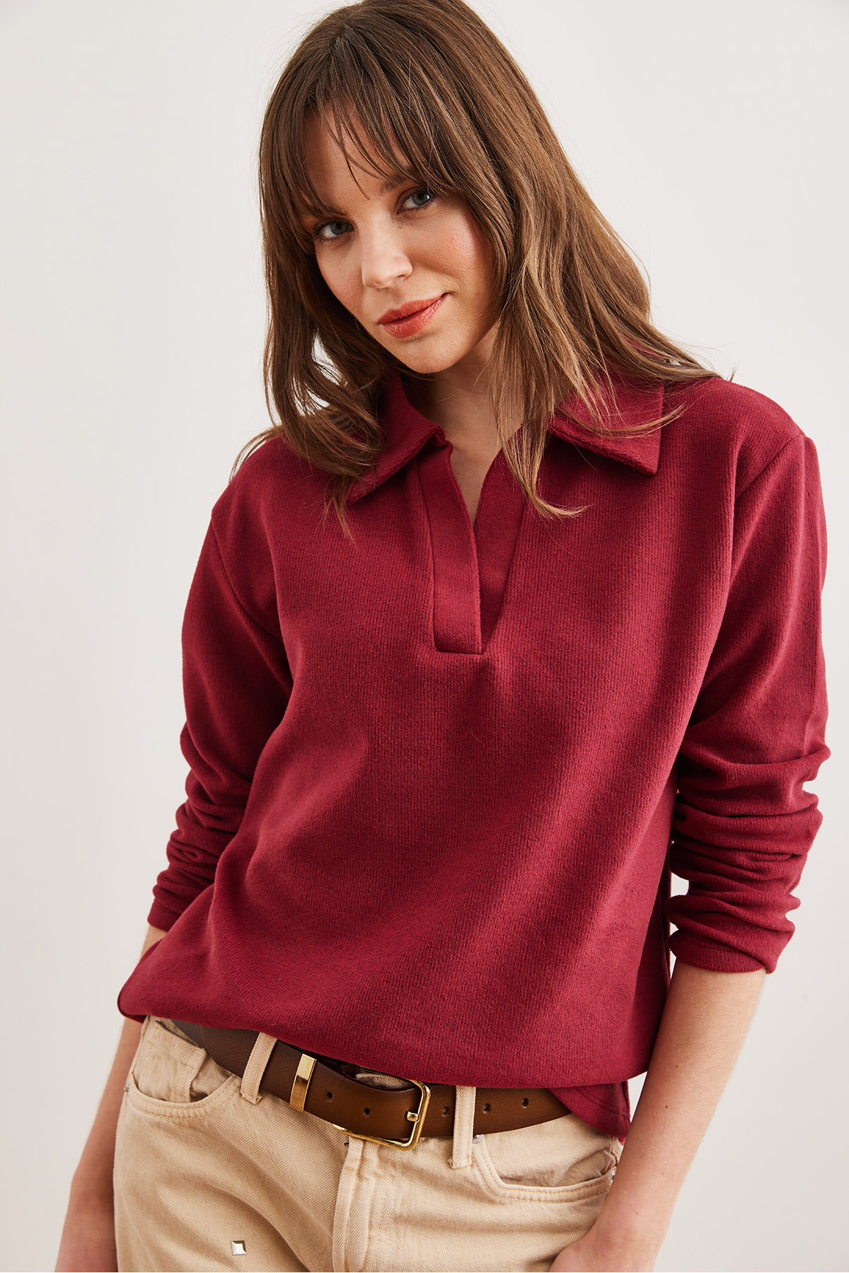 Olalook Kadın Bordo Polo Yaka Selanik Bluz BLZ-19002810 görsel 4