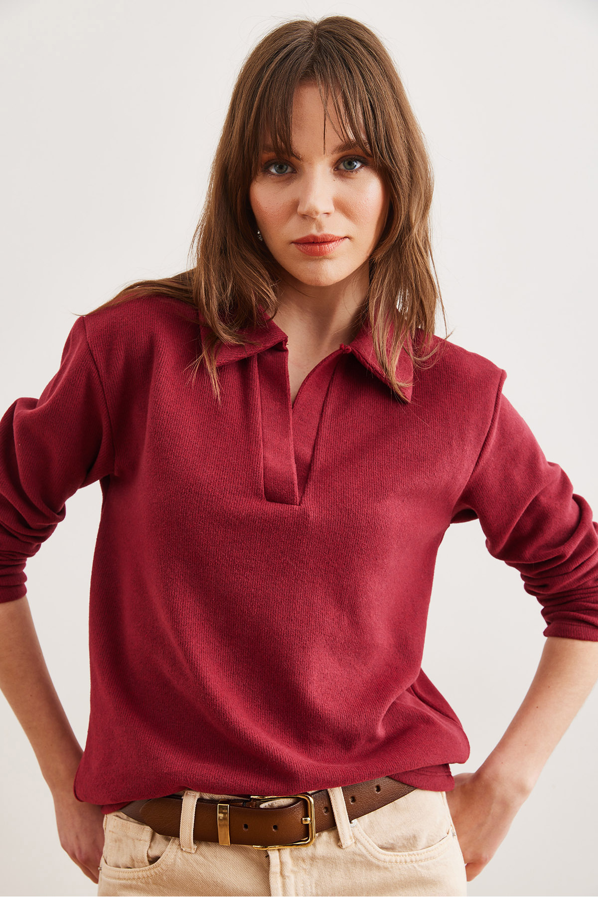 Olalook Kadın Bordo Polo Yaka Selanik Bluz BLZ-19002810 görsel 3