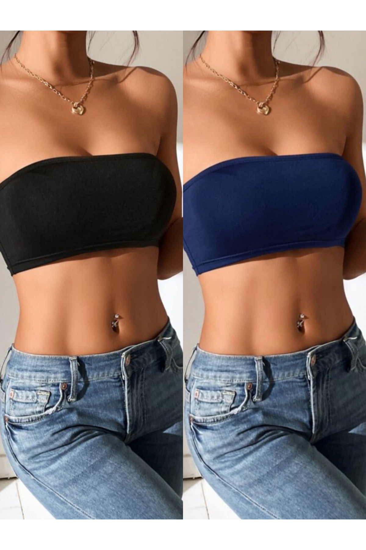 Olyssia Kadın 2'li Siyah & Lacivert Kısa Göğüs Altı Straplez Crop Top Büstiyer