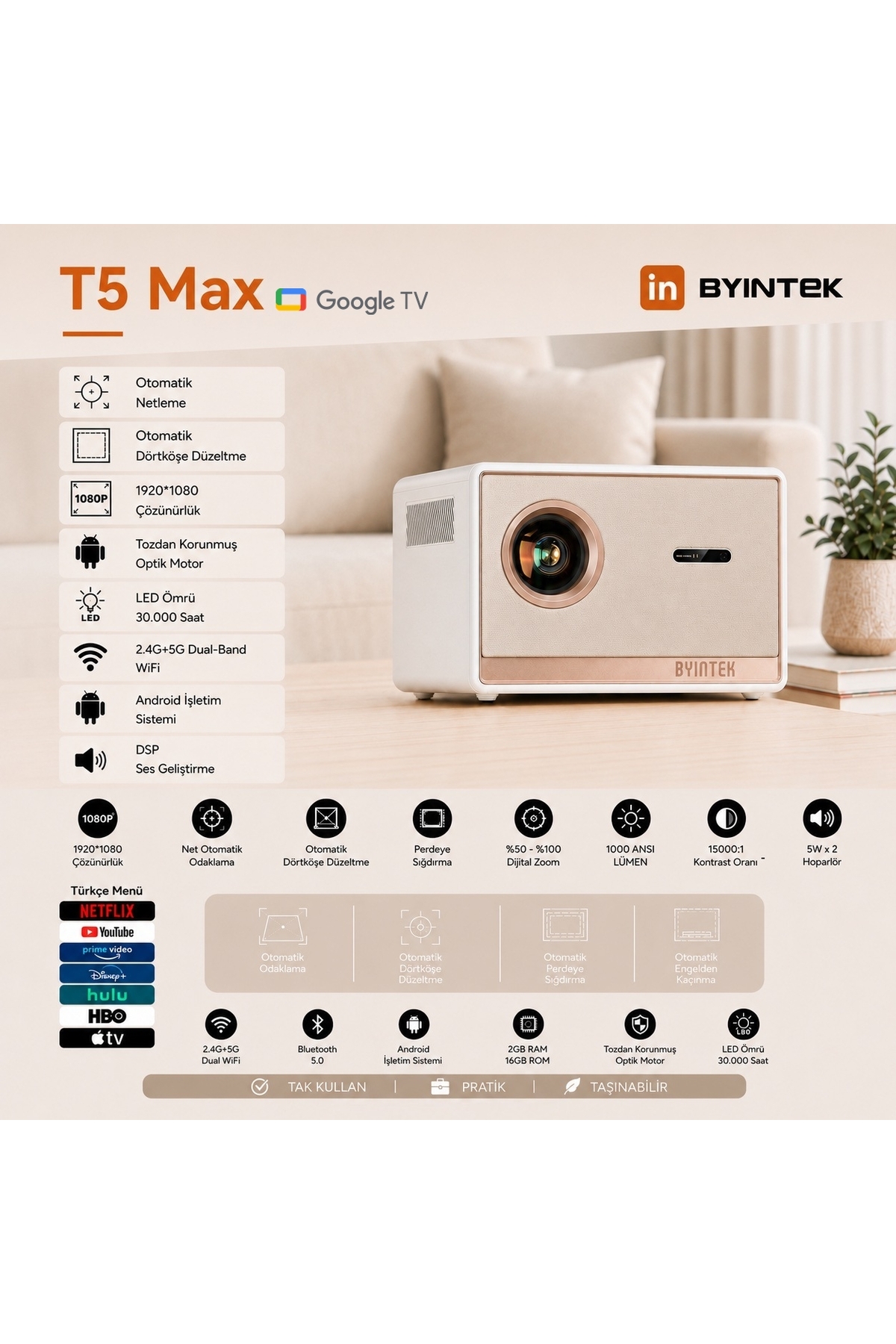 BYINTEK T5 Max Projeksiyon Cihazı, Lisanslı Google TV, Full HD 1080P, 1000 ANSI Lümen, HDR10, Otomatik Odaklama Trapez Düzeltme, Wi-Fi, Bluetooth 5.0, Sızdırmaz Optik Motor