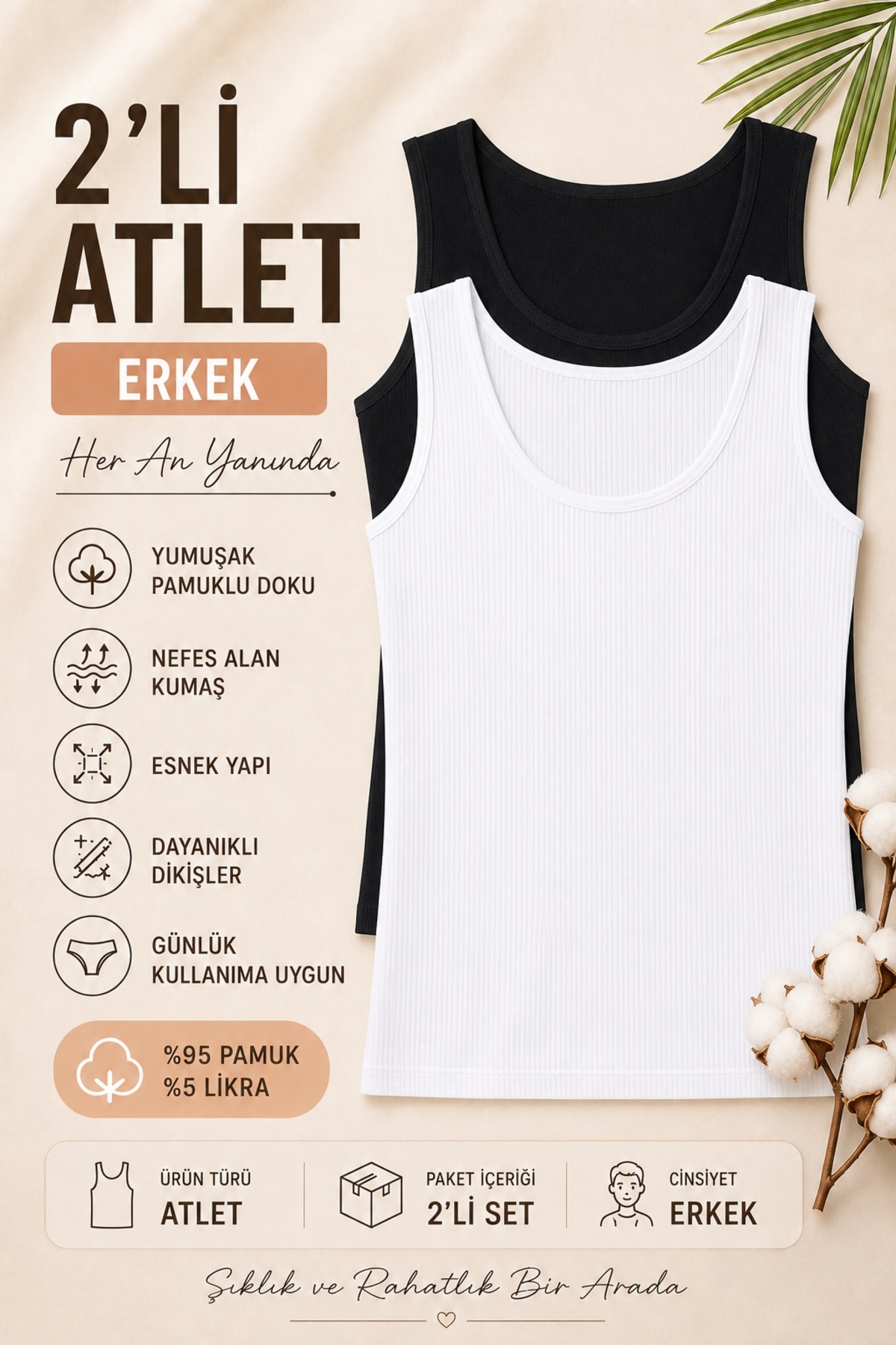 Nicoletta Erkek Atlet Fitilli Kaşkorse Ribana Geniş Askılı 2 li Paket Pamuklu Likralı Siyah-Beyaz