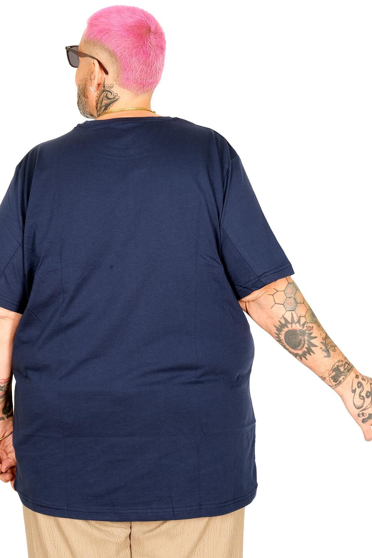 ModeXL Büyük Beden Erkek Bisiklet Yaka Basic T-Shirt %100 Pamuk 20031 İndigo görsel 5