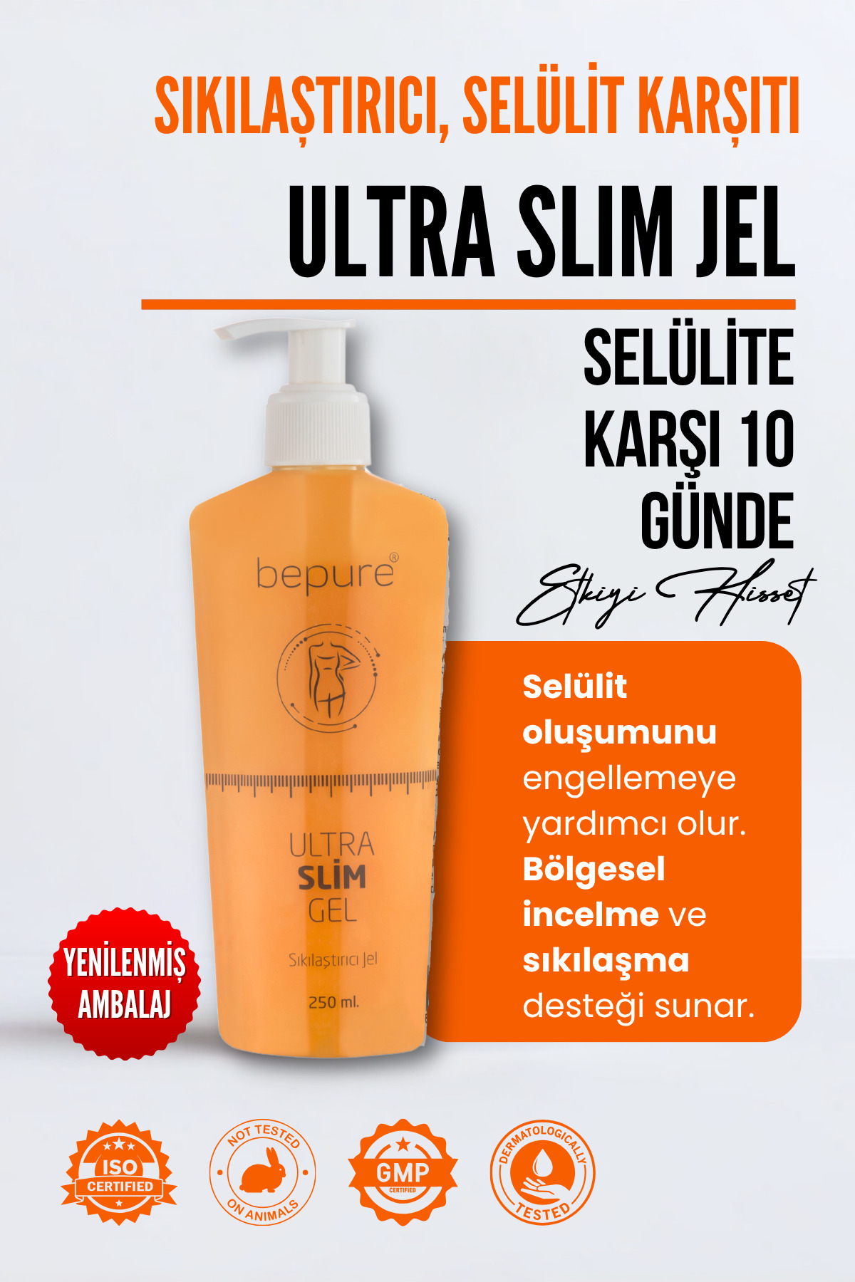 Bepure Selülit Gidermeye Yardımcı Jel, Bölgesel Incelme, Çatlak Giderici, Sıkılaştırıcı Selülit Jeli 250ml