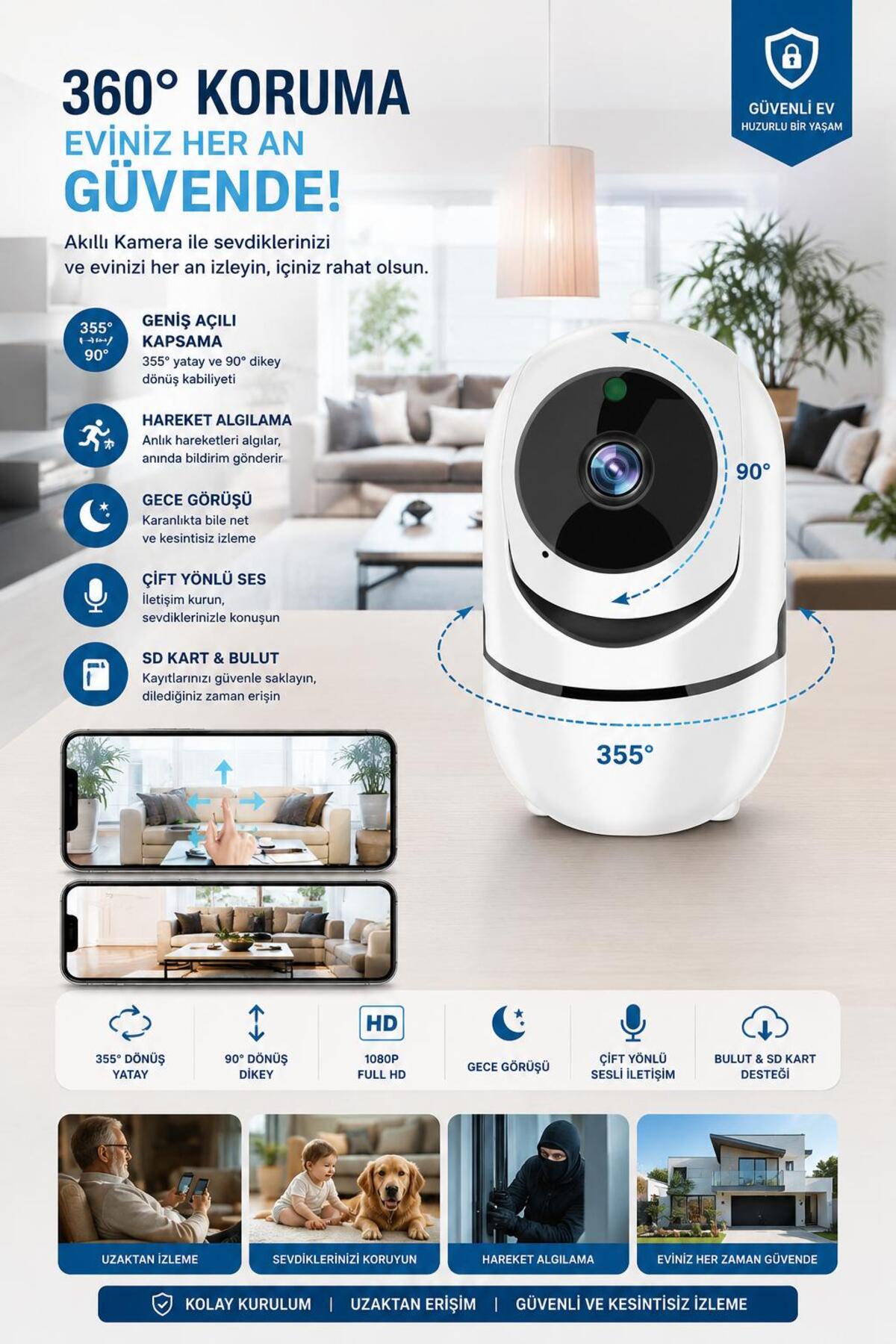 nextbuy Mini Akıllı Kamera 360° Wifi Bebek Video Gözetim 2 Yönlü Ses Aktarım Gece Görüşlü Güvenlik Sistemi
