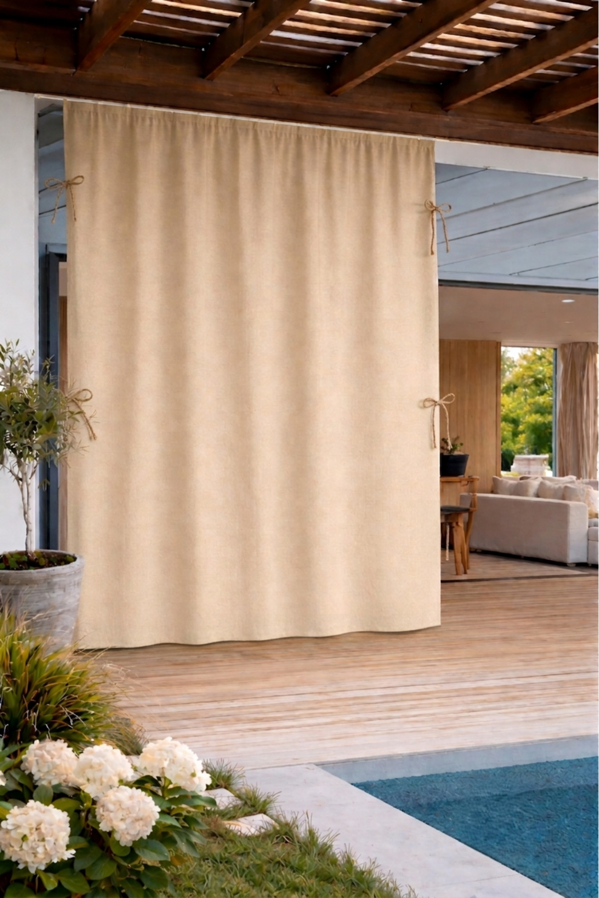 Balcony Curtain Beige Plain Rainproof 801-2 with Luxury Enxboy Option ( Laced)