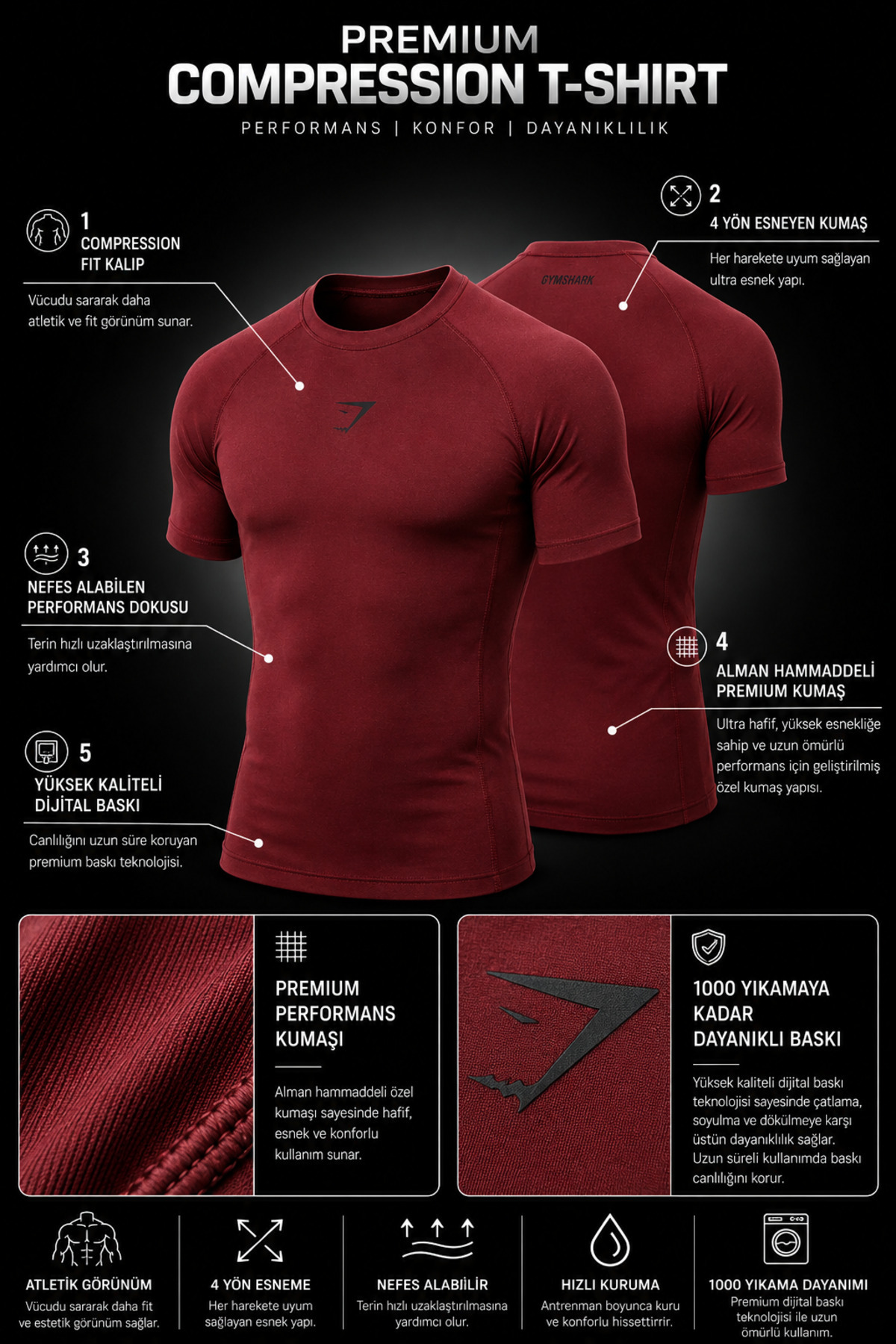 Stylovi GymShark Compression Spor T-Shirt - Yüksek Kalite görsel 2