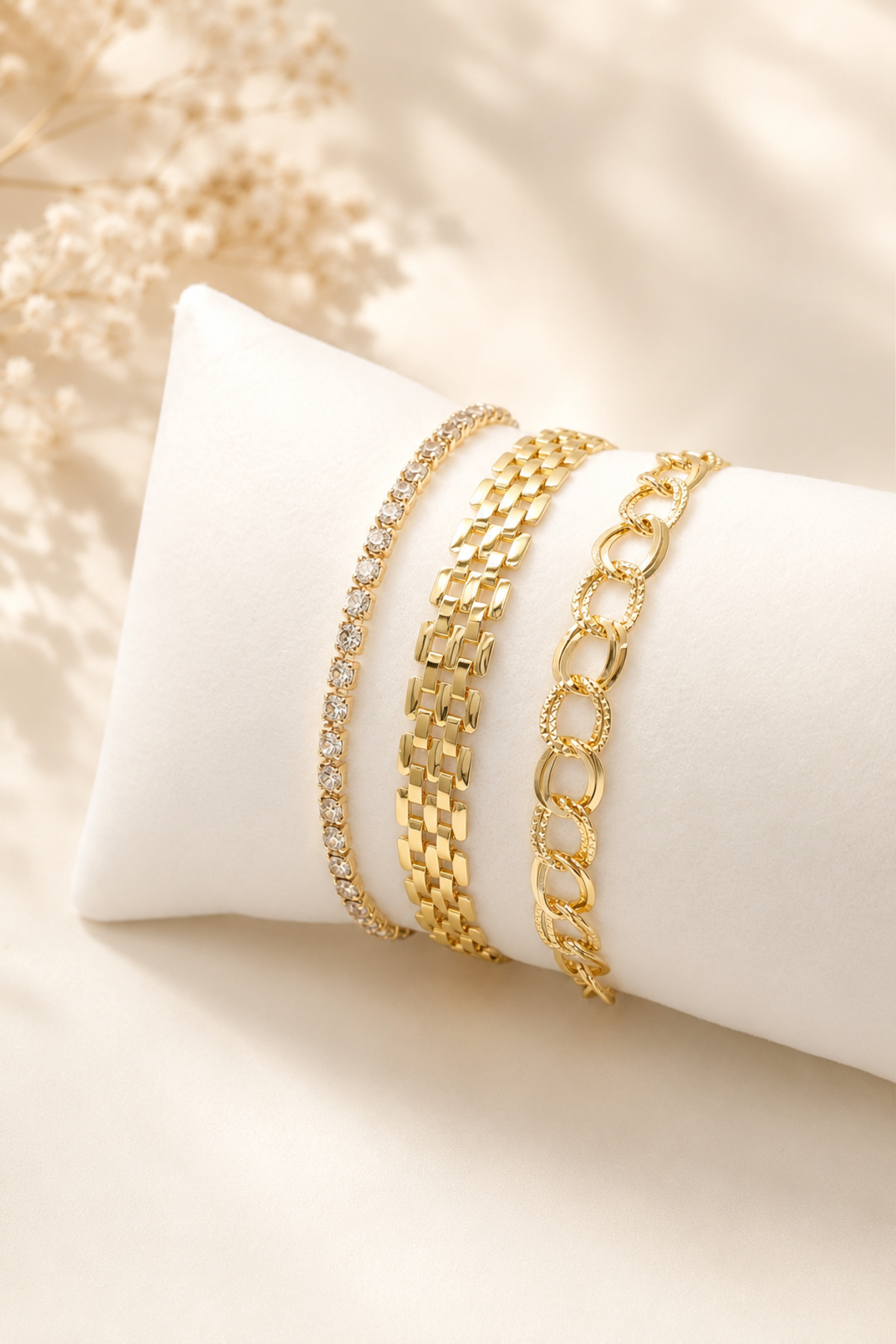 Gold Color 3-Piece Zircon Stone Detailed Bracelet Set