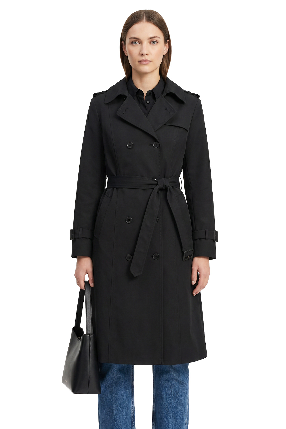 Women's Water Repellent Black Button Closed Lined Trench Coat 5777