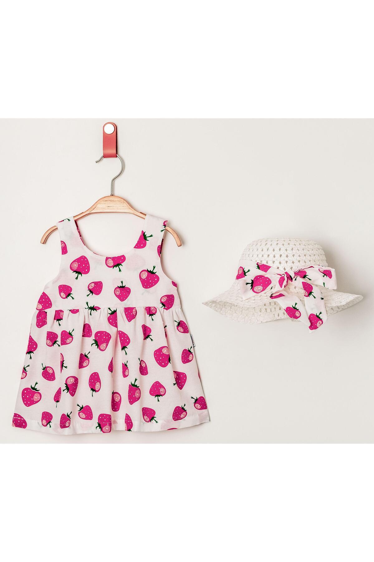 Chicsy Baby Tatlı Çilek Desenli Şapkalı Fiyonklu Kız Bebek Elbisesi