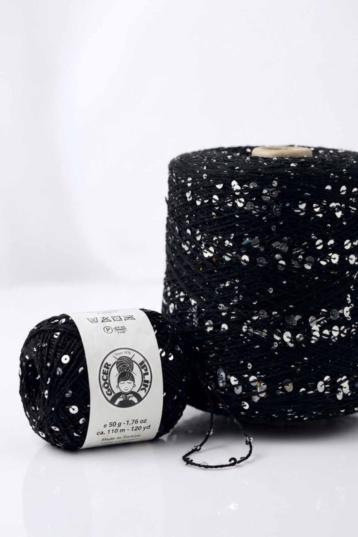 100Gr Bag Lanyard / Knitting Lanyard 100% black cotton 3+6 large silver flake balls 50gr X 2 =100gr