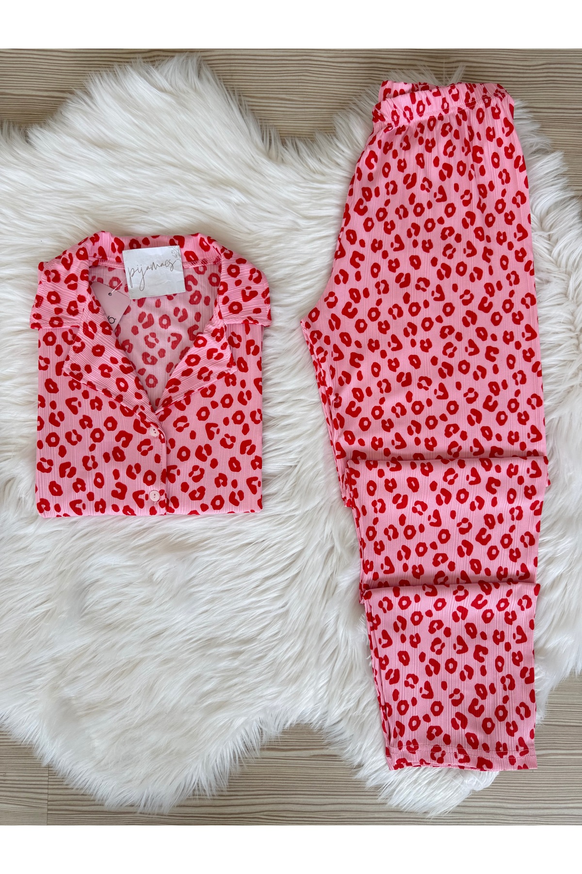 Pijamacs Kırmızı Leopar Desenli Kısa Kol Pegasus Pijama Takımı
