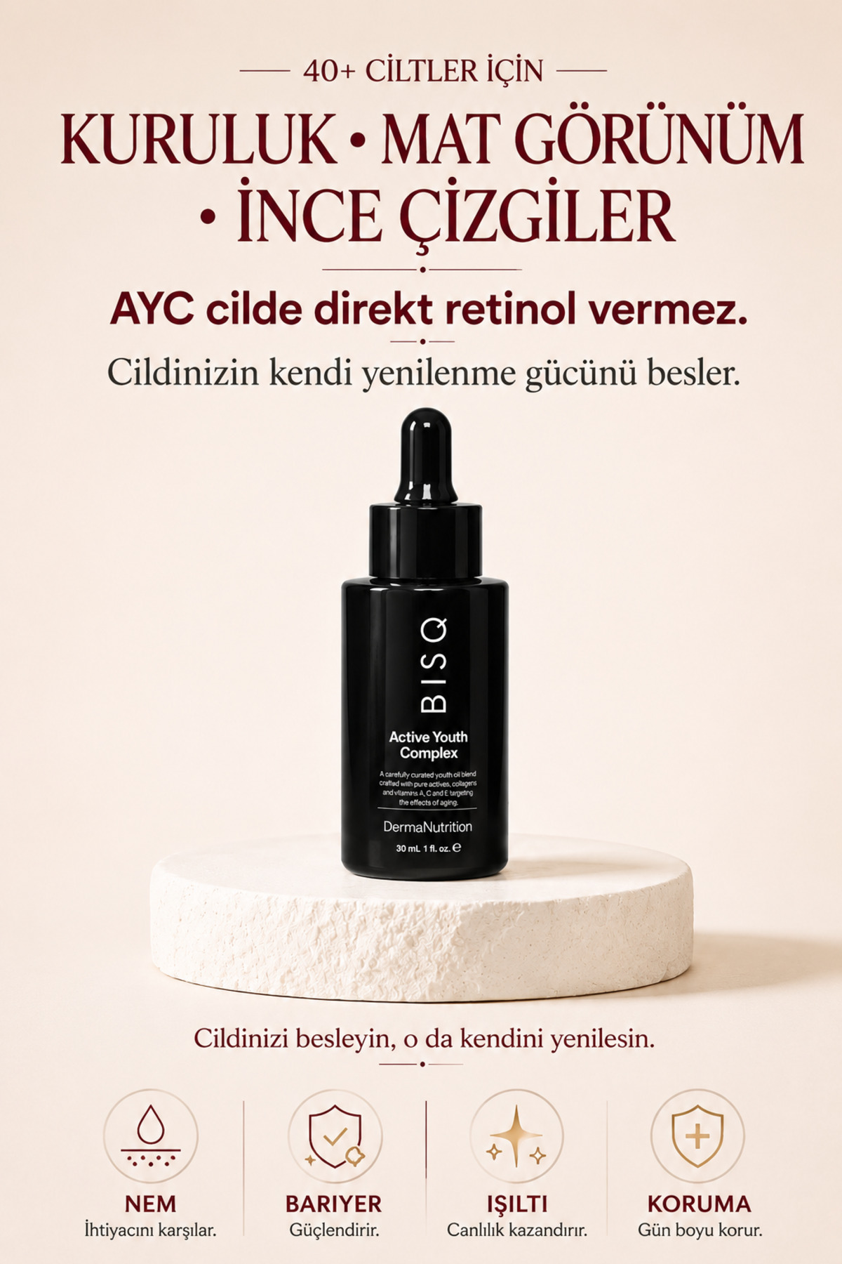 Active Youth Complex Leke & Kırışıklık Karşıtı Serum Doğal Retinol (Retinoid), C Vitamini & Ceramide — BISQ-AYC-R05-CVE30