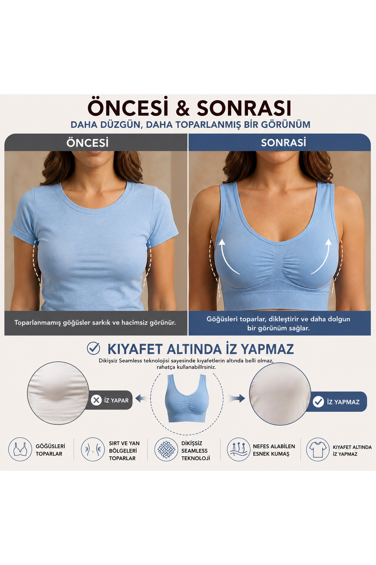 FİT WOMEN Göğüs Toparlayıcı Dikişsiz Seamless Büstiyer Korse, Kalın Askılı Pedsiz Balensiz Toparlayıcı Sütyen 5050 görsel 6