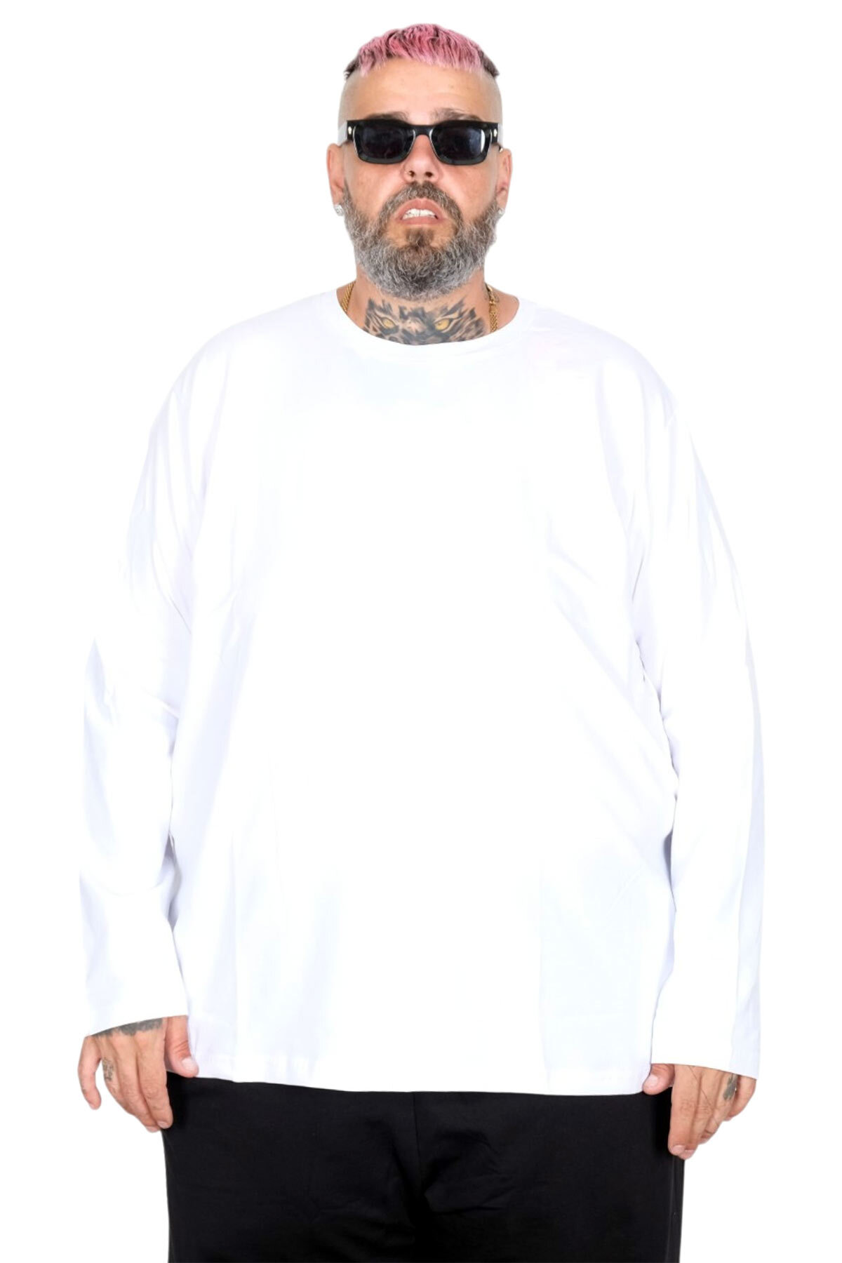 ModeXL Mode Xl Büyük Beden Erkek Tshirt Likralı Bisiklet Yaka 20102 Beyaz