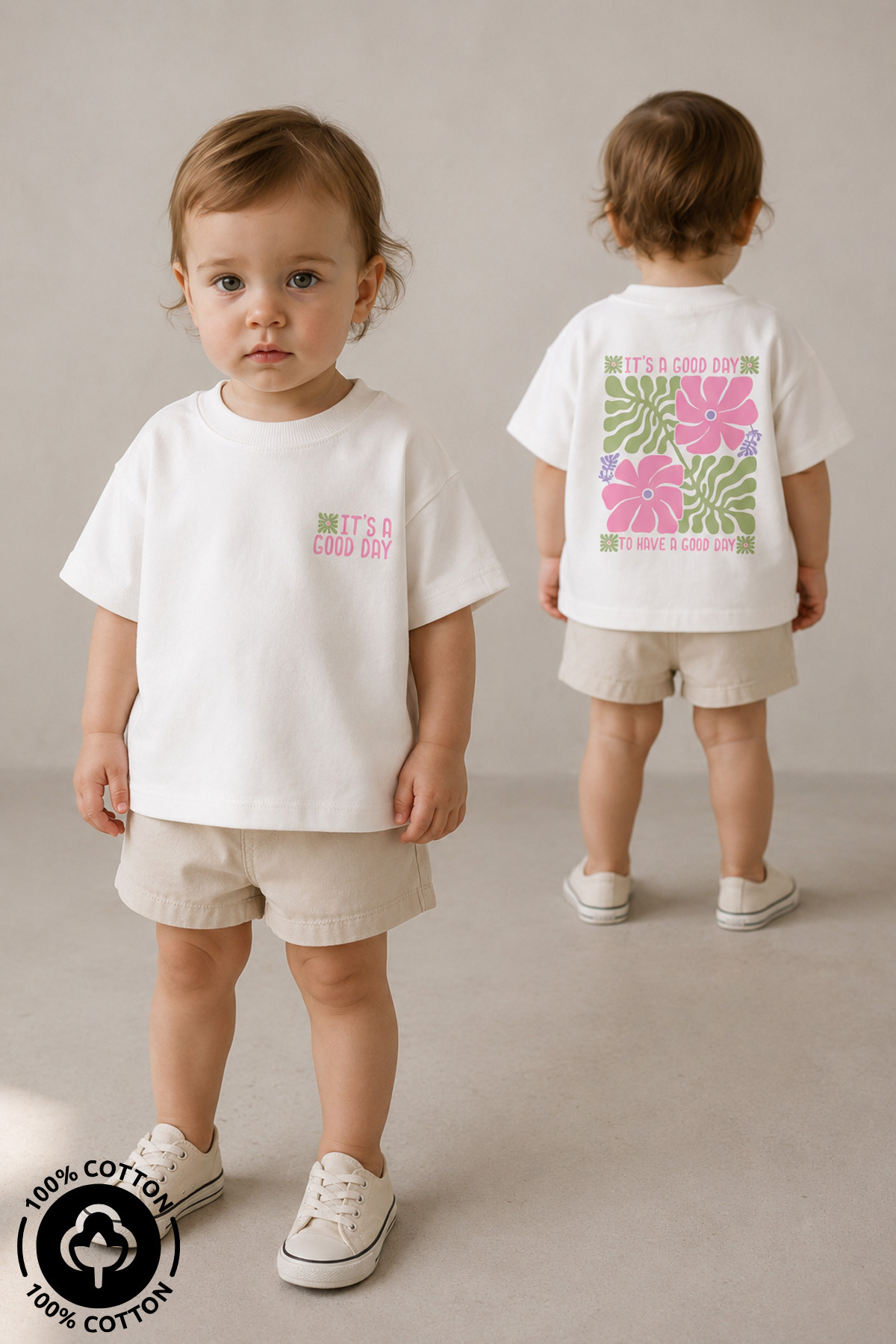 Miniel Girls' Crew Neck Flowers Print 100% Cotton Oversize T-shirt for Babies and Kids