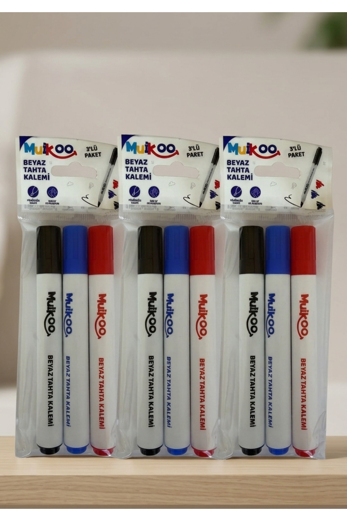 muikoo 3 Paket 3'lü Beyaz Tahta Kalemi Seti - Kırmızı, Mavi, Siyah