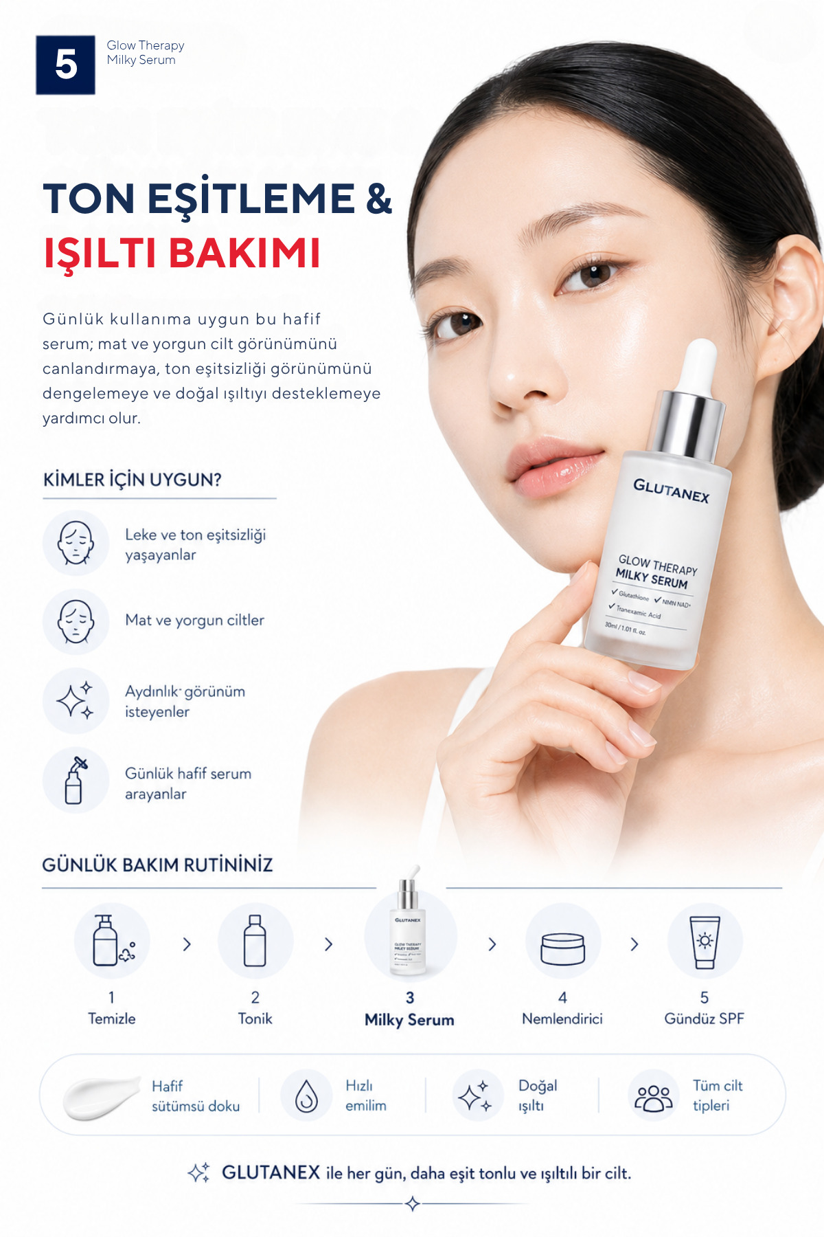 Leke Karşıtı Aydınlatıcı Serum | Traneksamik Asit, NMN, NAD+ & Glutatyonlu | Glow Therapy Milky Serum | 30 ml — Glutanex052 — تصویر 6 از 6