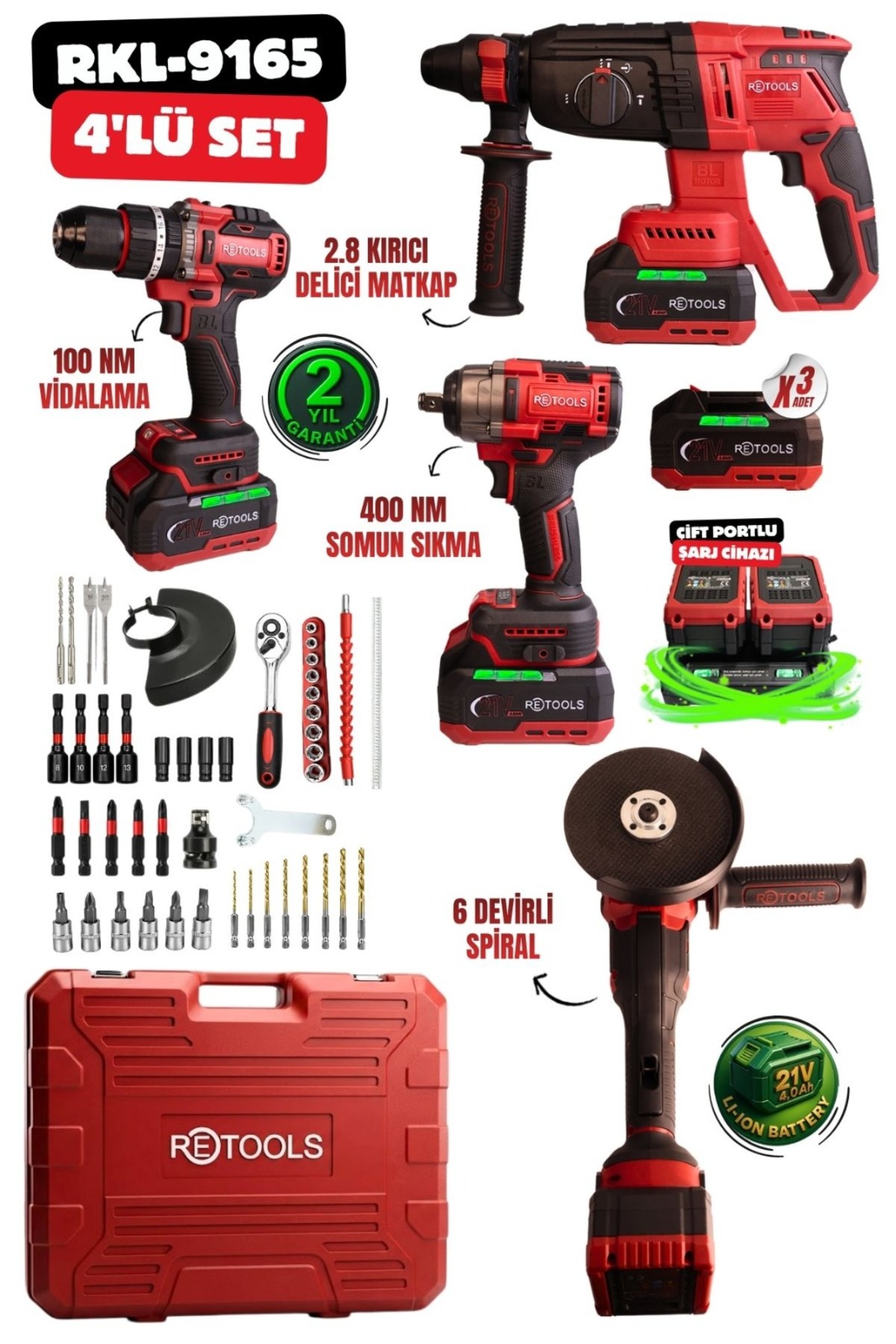 RETOOLS Profesyonel Bordo Yeni Seri 4'lü Set (100 Nm Vidalama ve 6